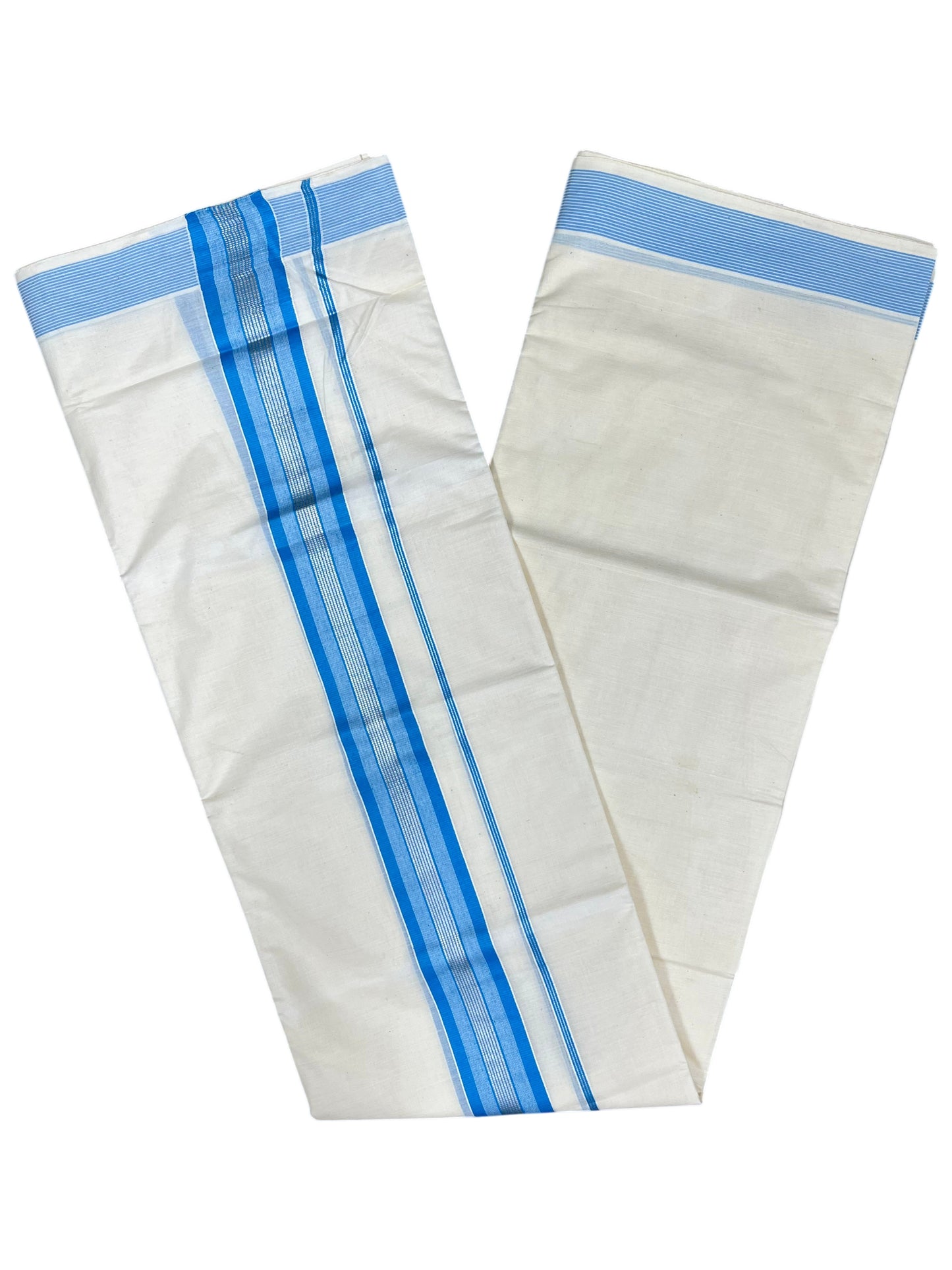 Southloom Pure Cotton Mundu with Silver Lines and Blue Border (South Indian Kerala Dhoti)