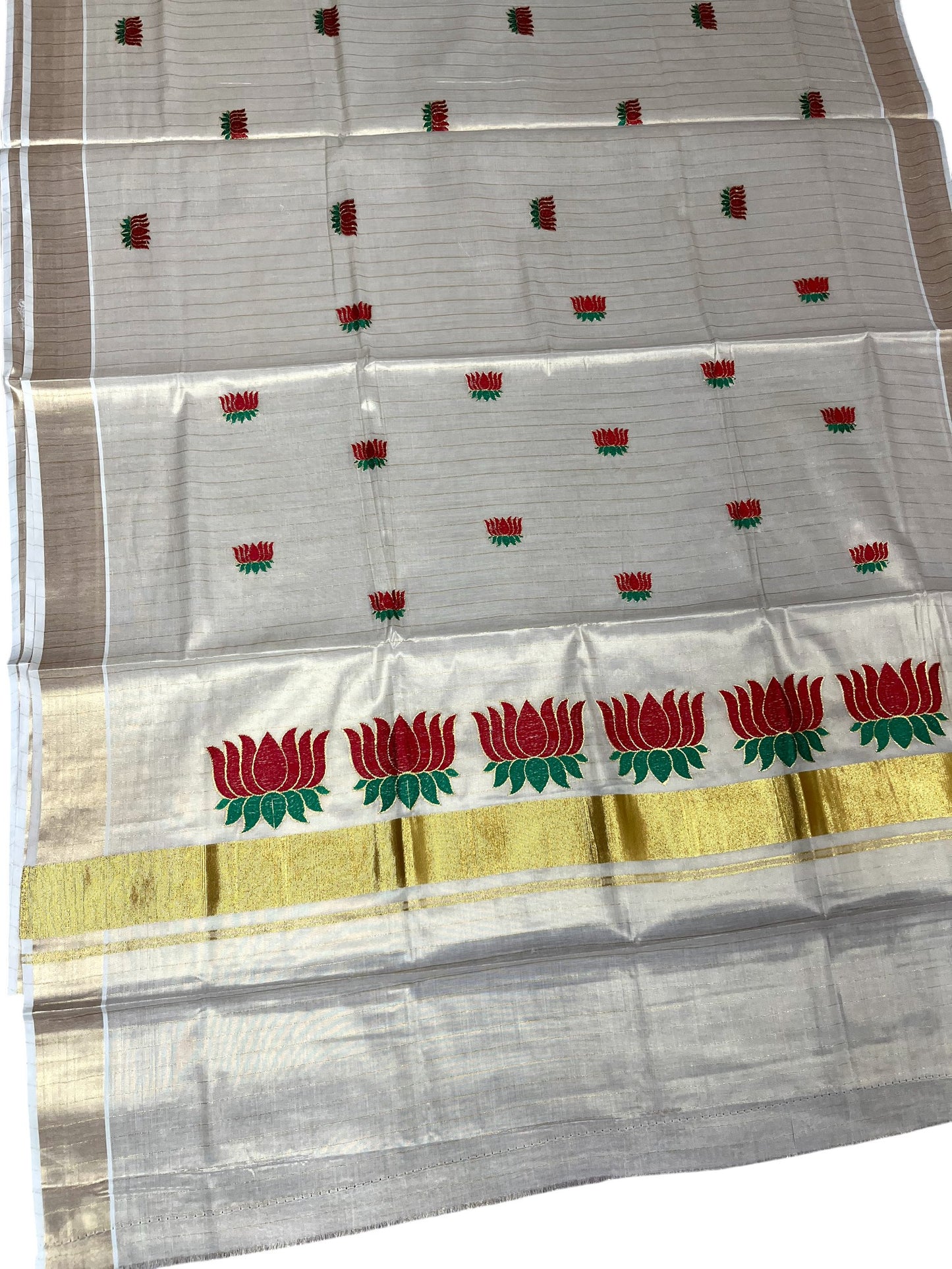 Southloom Kerala Tissue Lines Kasavu Saree with Red And Green Lotus Embroidery Works SL289