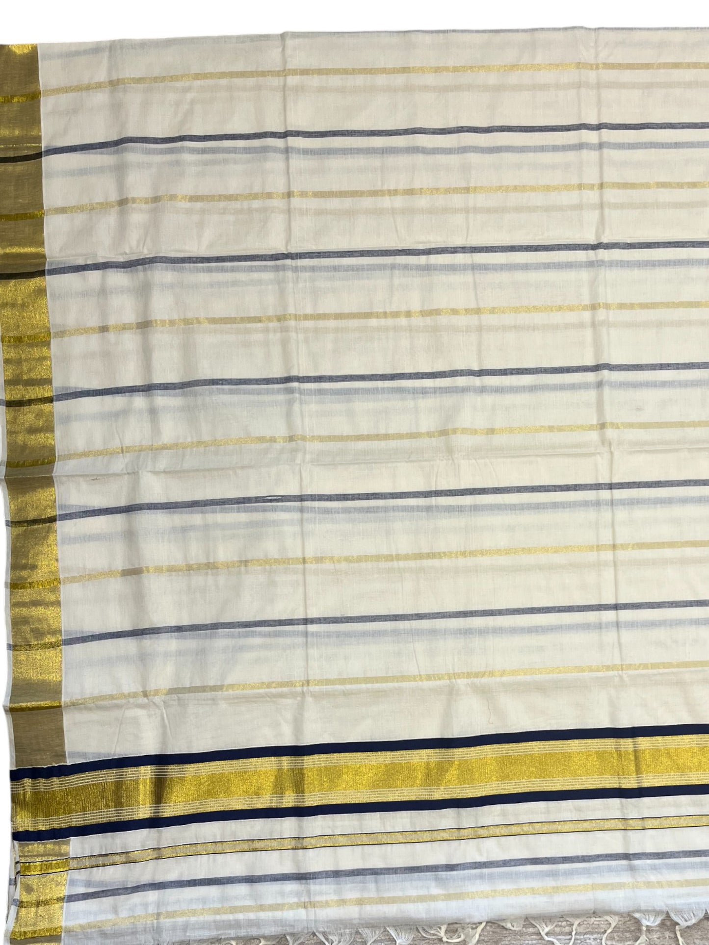 Southloom Kerala Cotton Kasavu Saree with Gold And Blue Lines on Body