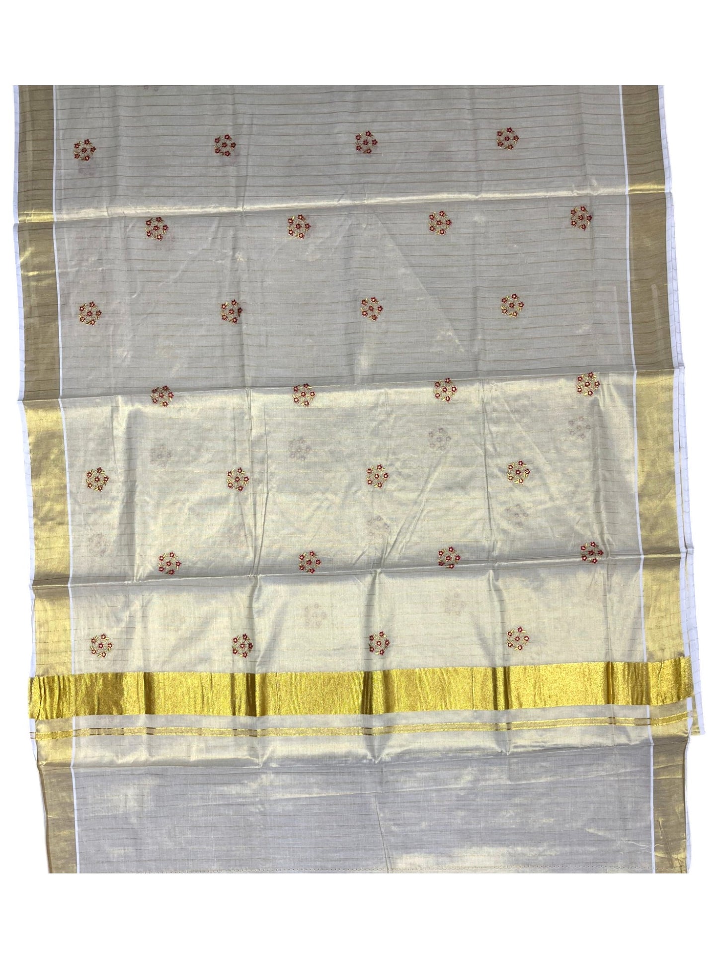 Southloom Kerala Tissue Kasavu Lines Saree with Pink Floral Embroidery Design on Body
