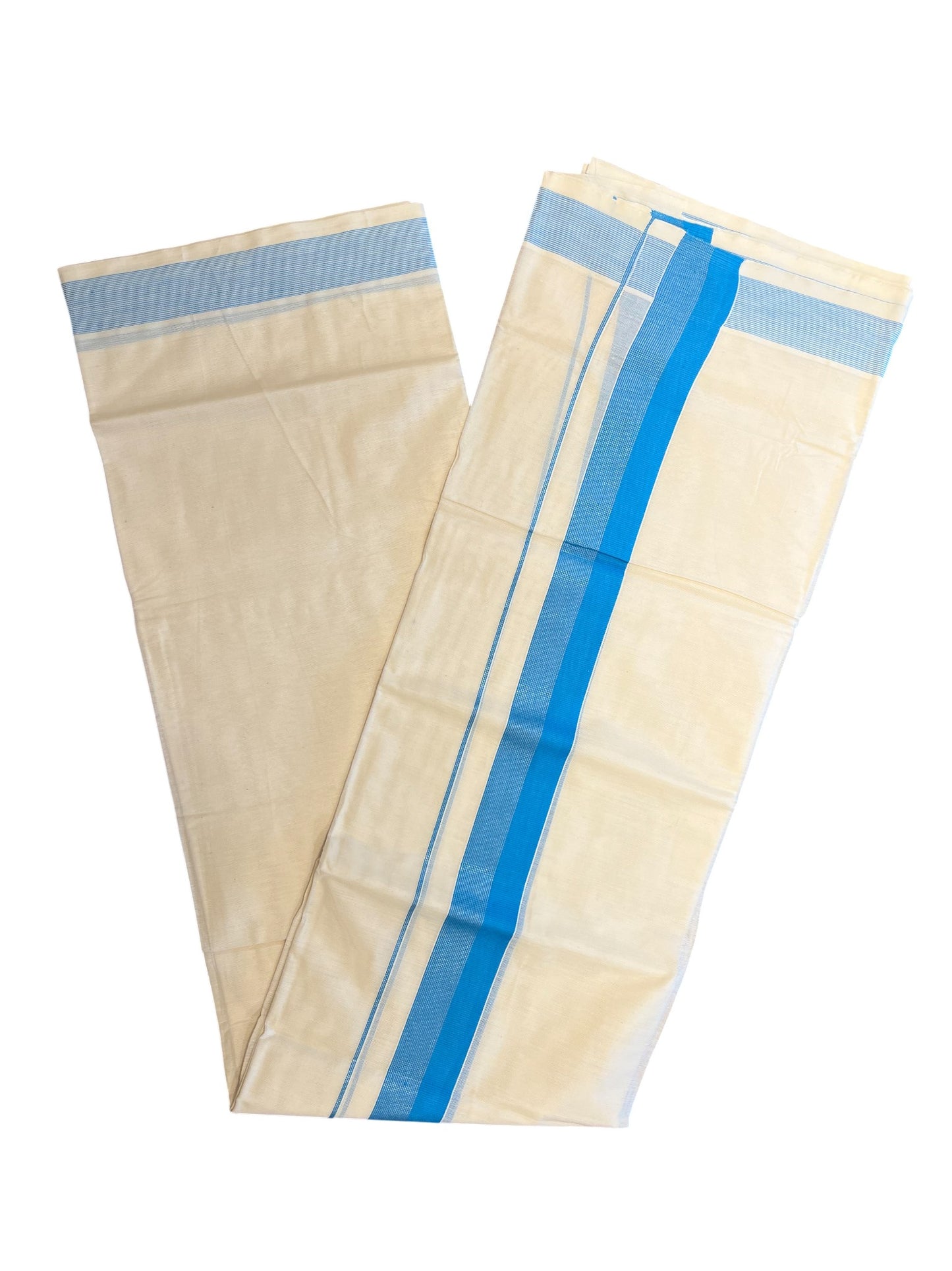 Southloom Kerala Pure Cotton Double Mundu with Silver Lines & Blue Border (South Indian Dhoti)