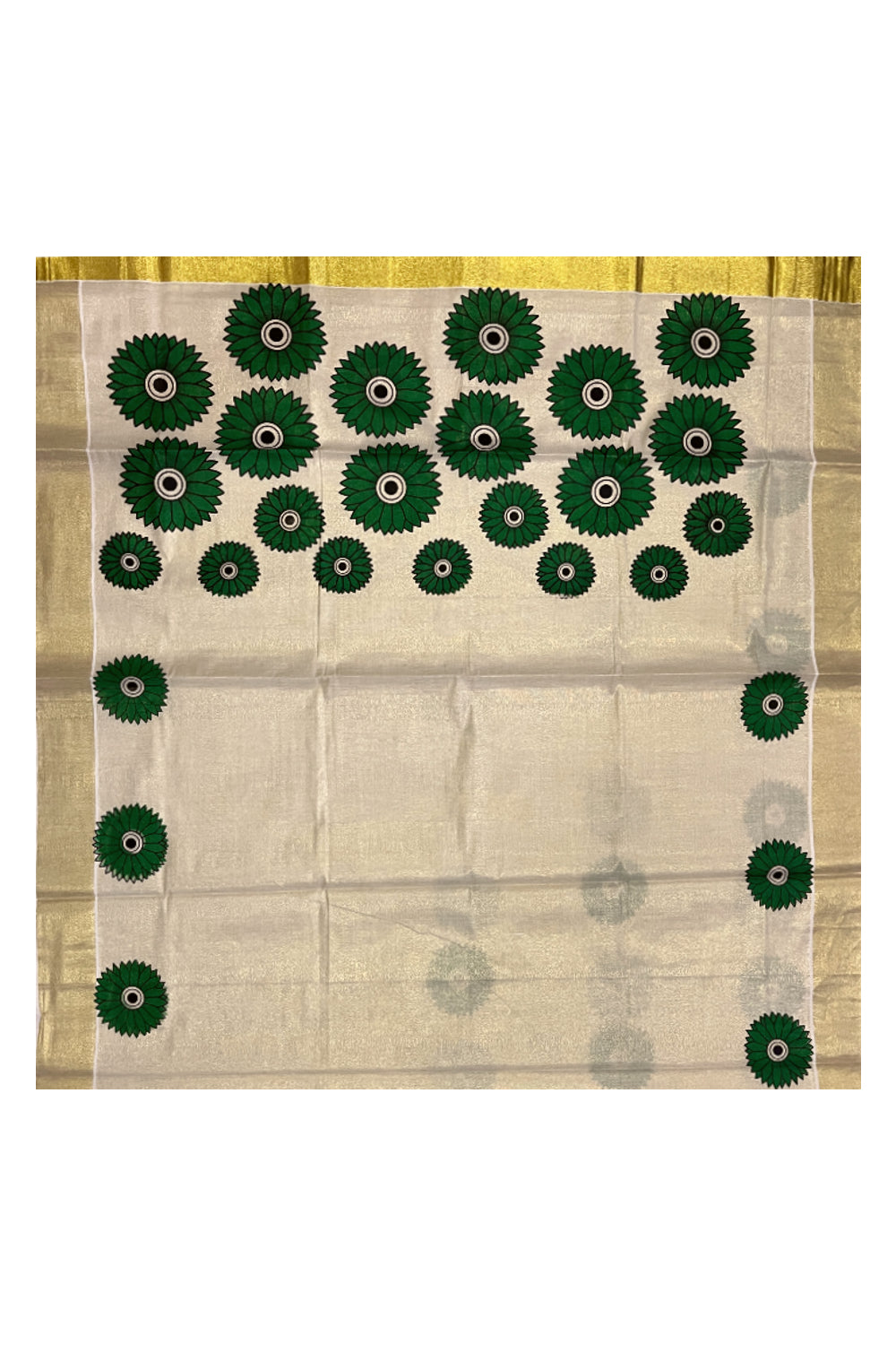 Southloom Exclusive Tissue Kasavu Saree With Green Sunflower Art On Body and Pallu