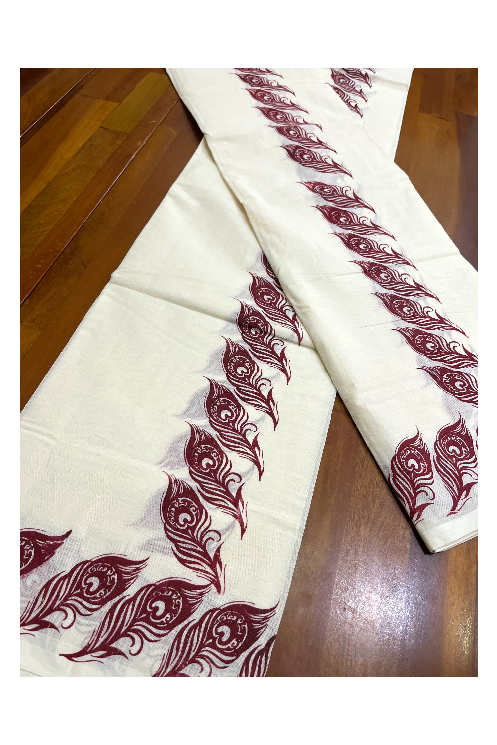 Kerala Pure Cotton Set Mundu Single (Mundum Neriyathum) with Maroon Feather Block Printed Border