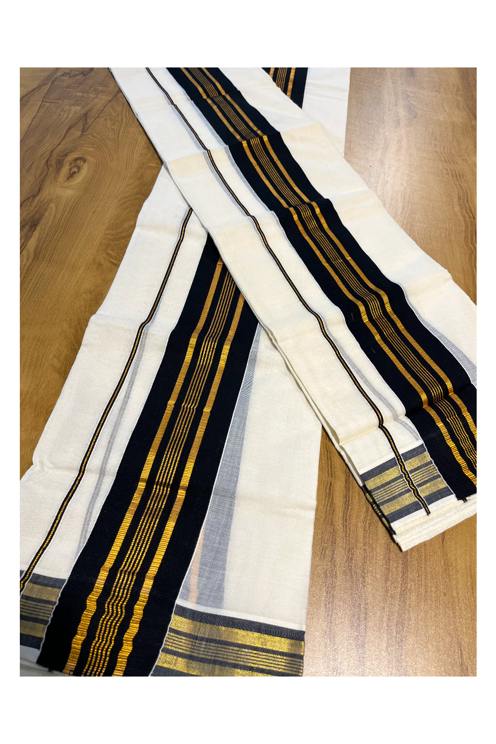 Kerala Cotton Set Mundu (Mundum Neriyathum) with Kasavu and Black Border