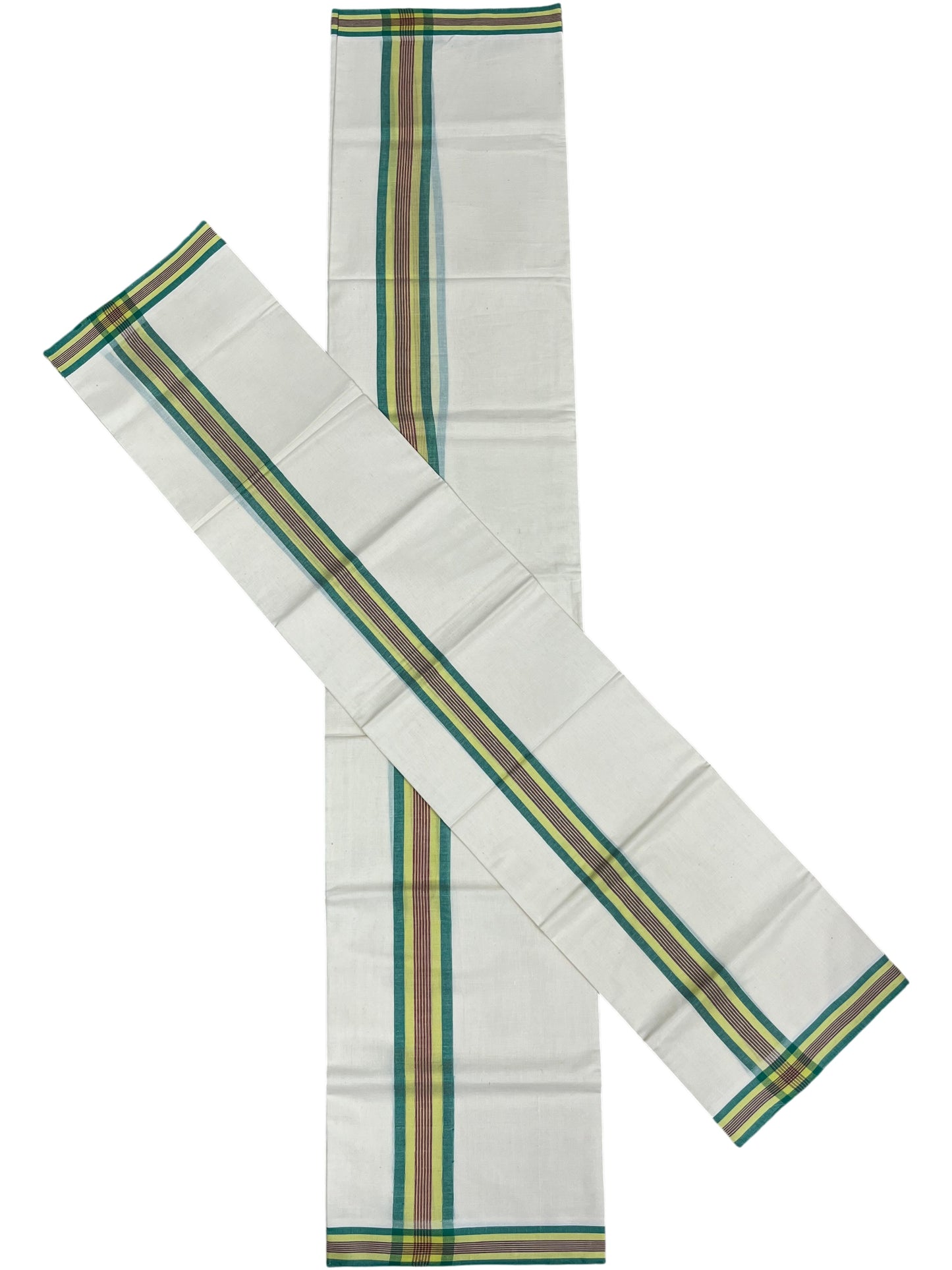 Southloom Kerala Mulloth Cotton Single Mundum Neriyathum with Green and Yellow Border SL243
