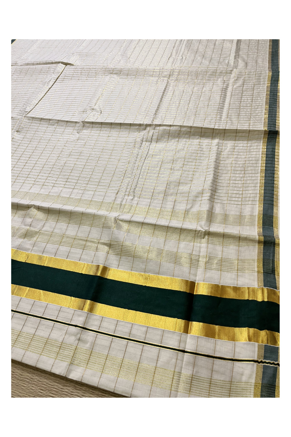 Kerala Pure Cotton Kasavu Check Designs Saree with Dark Green Border