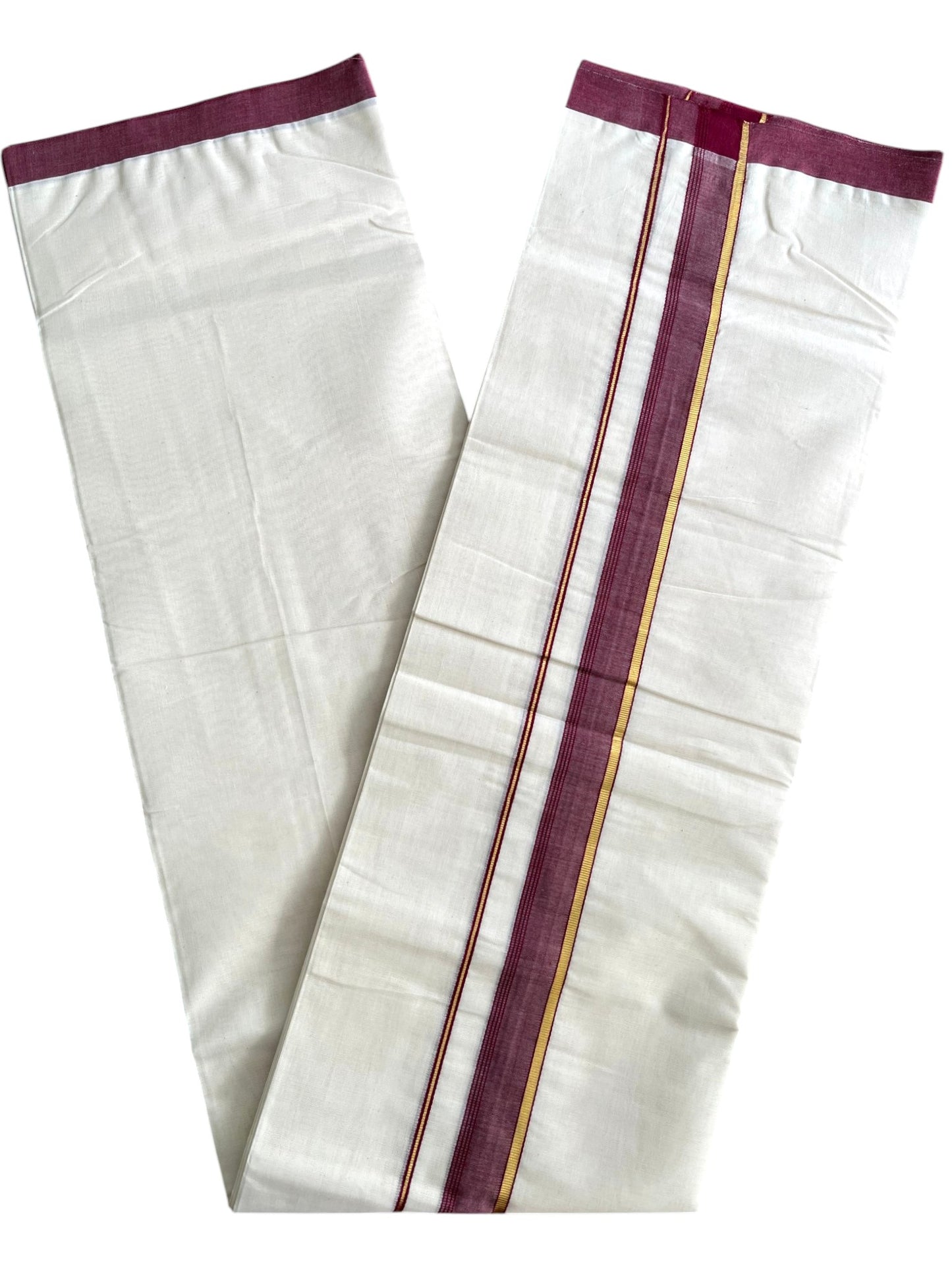 Southloom Pure Cotton Mundu with Golden Lines and Maroon Border (South Indian Kerala Dhoti)