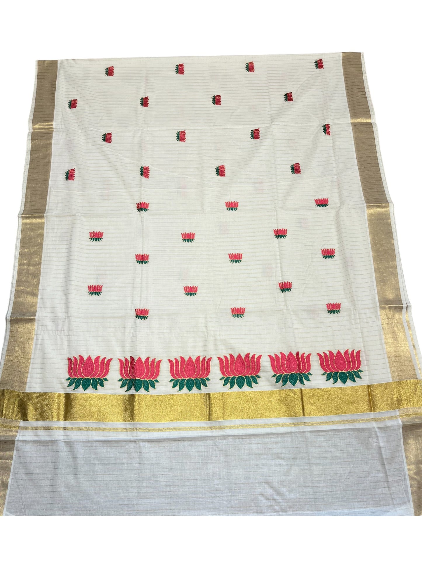 Southloom Kerala Cotton Kasavu Line Saree with Pink Lotus Embroidery Works