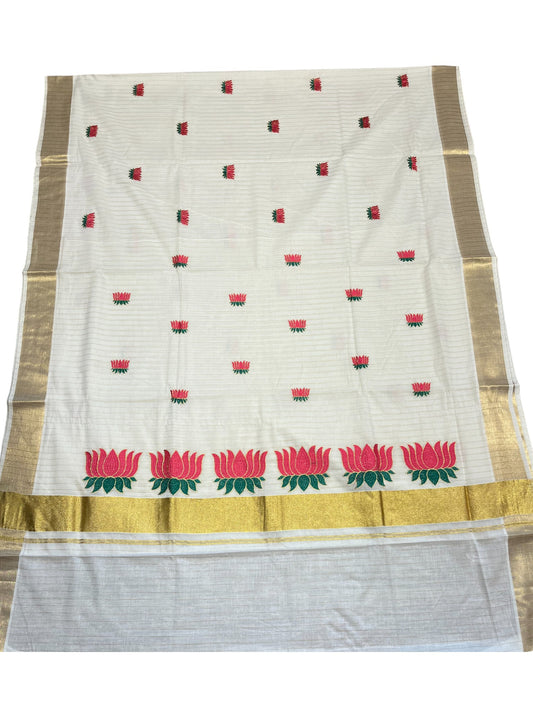 Southloom Kerala Cotton Kasavu Line Saree with Pink Lotus Embroidery Works