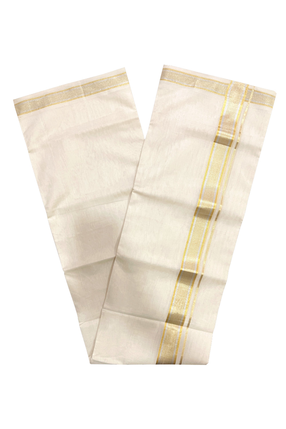 Southloom Super Premium Balaramapuram Unakkupaavu Handloom Mundu with Silver and Golden Kasavu Border (South Indian Kerala Dhoti)