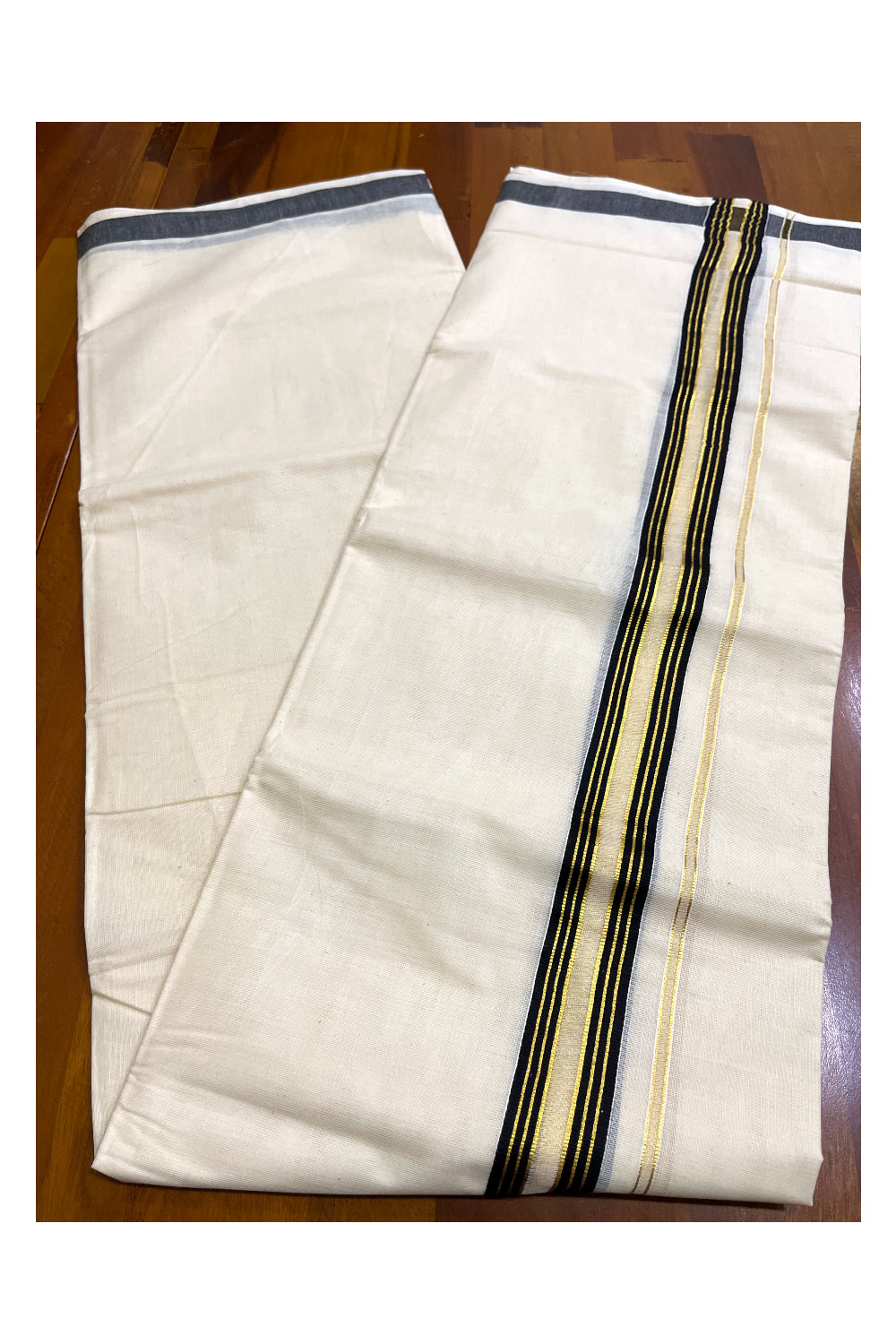 Kerala Pure Cotton Double Mundu with Black and Kasavu Lines Border (South Indian Kerala Dhoti)