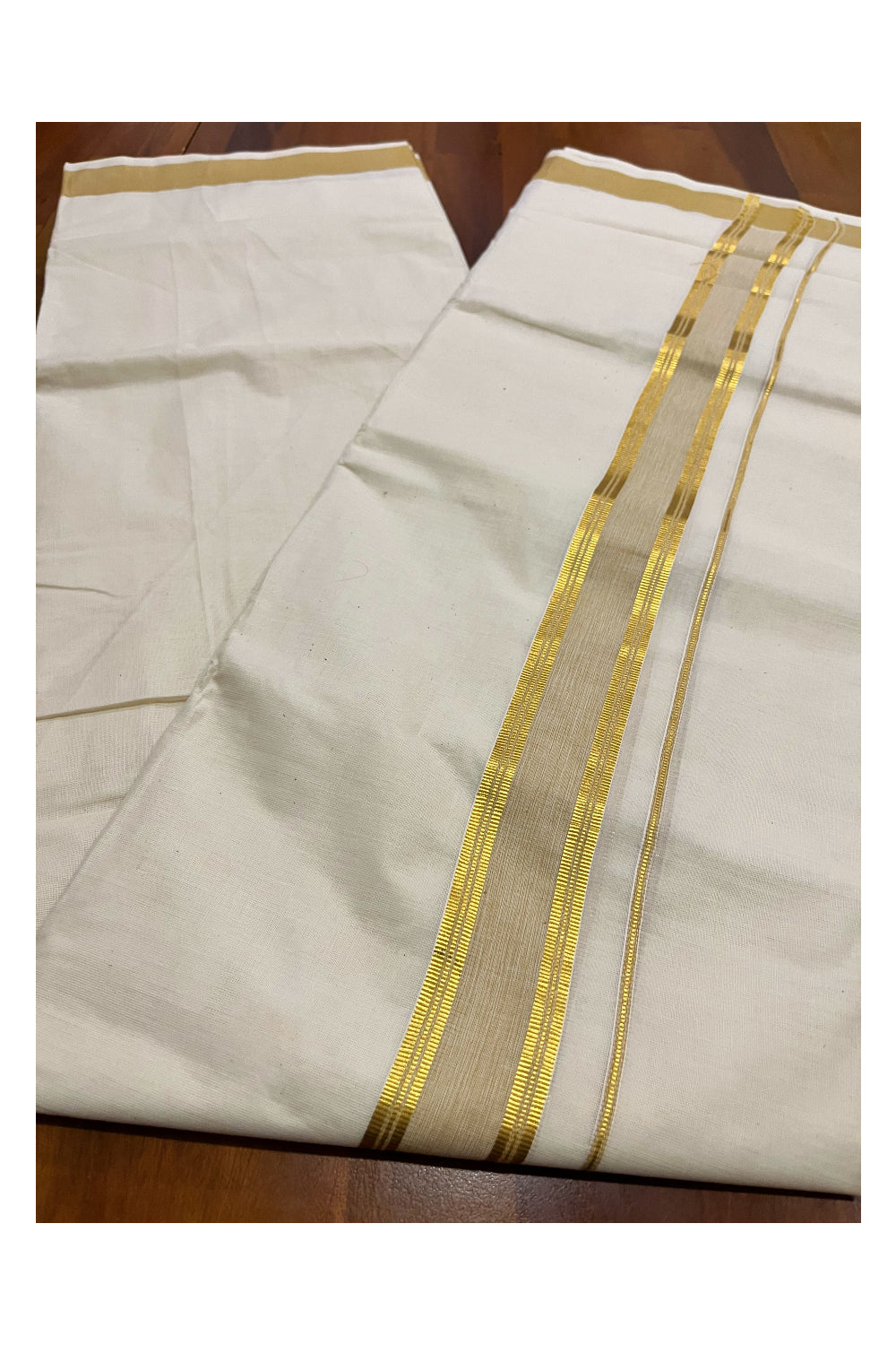 Kerala Pure Cotton Double Mundu with Light Brown and Kasavu Border (South Indian Kerala Dhoti)