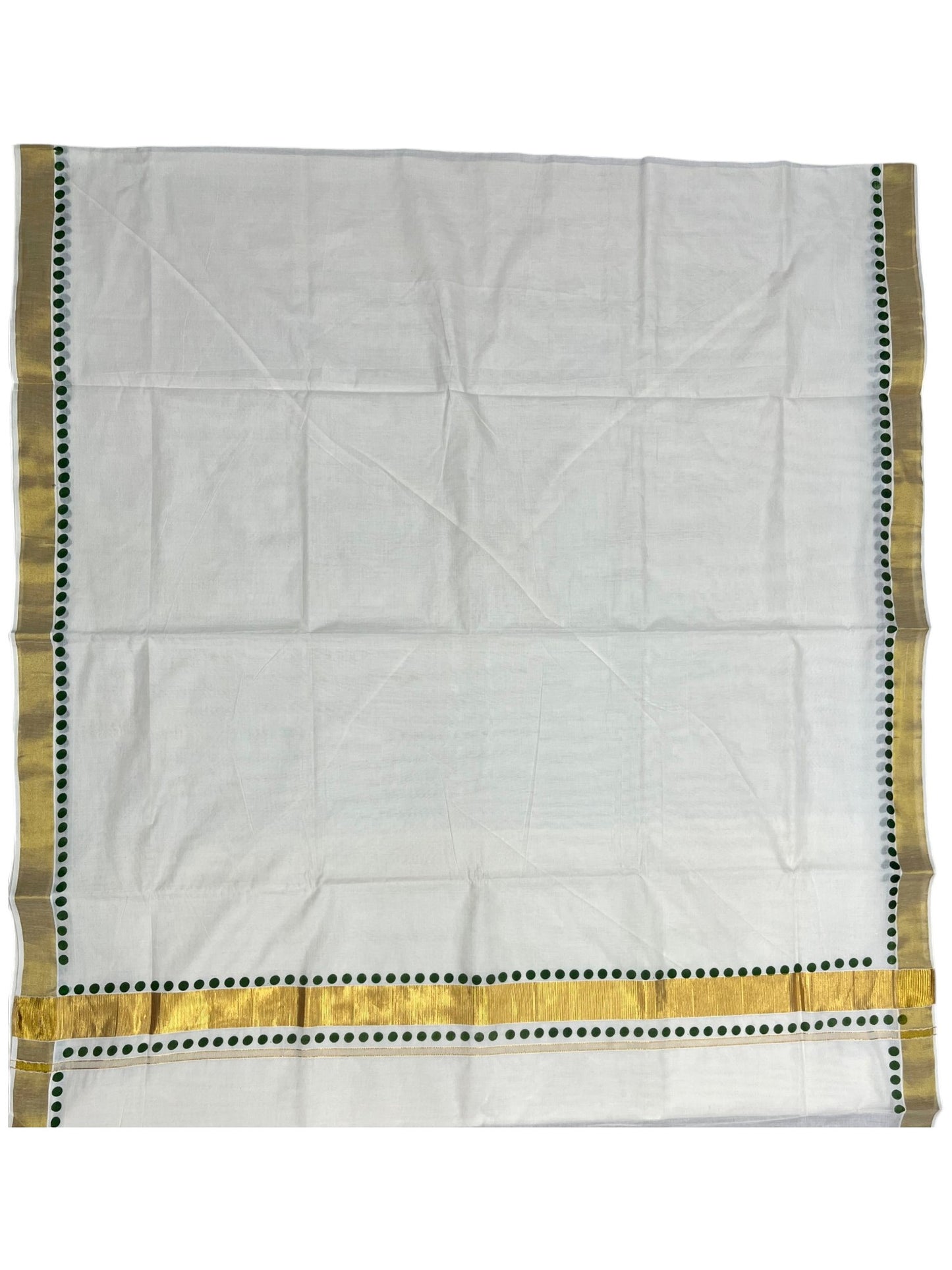 Southloom Cotton Kerala Kasavu Saree with olive Green Polk Dots Design Border
