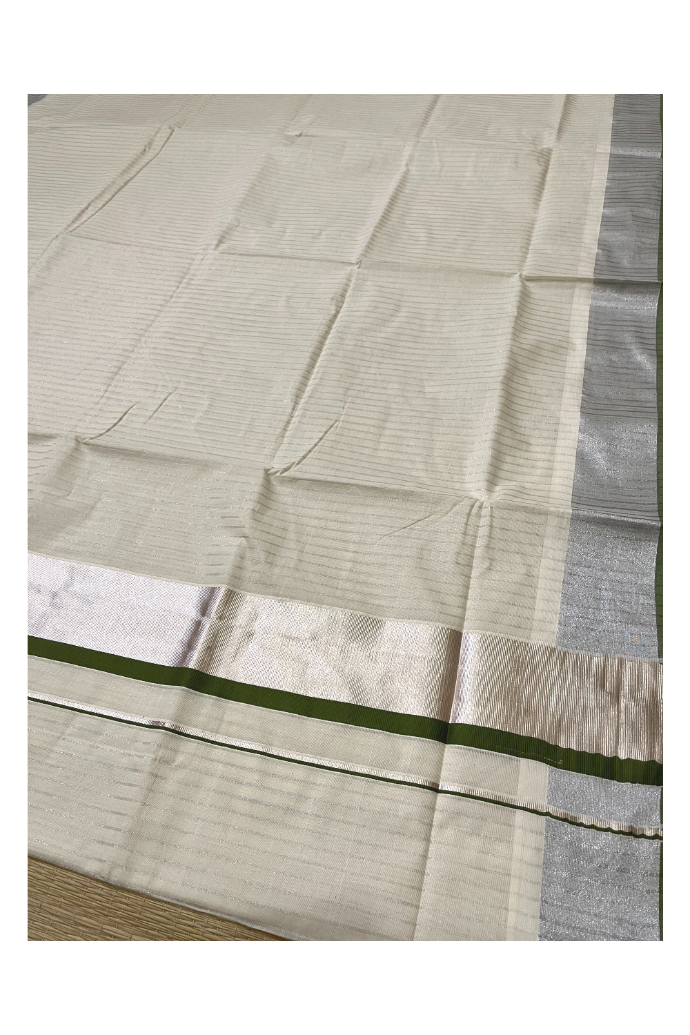 Pure Cotton Kerala Silver Kasavu Lines Saree with 3 inch Green and Silver Border (Onam Saree 2023)