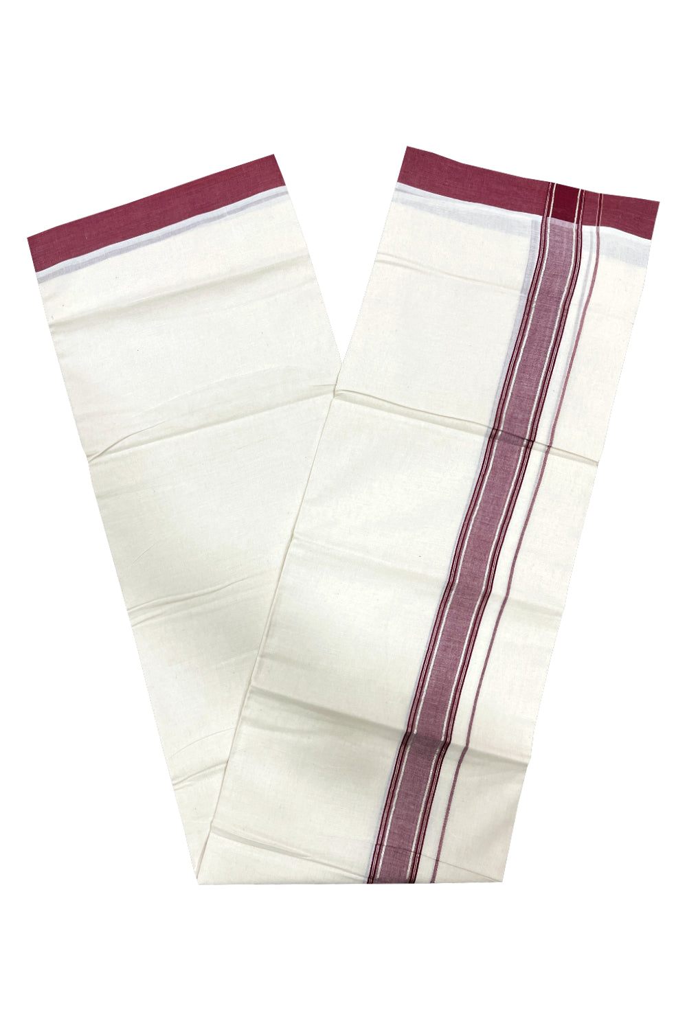 Pure Cotton Double Mundu with Silver Kasavu and Maroon Border (South Indian Kerala Dhoti)