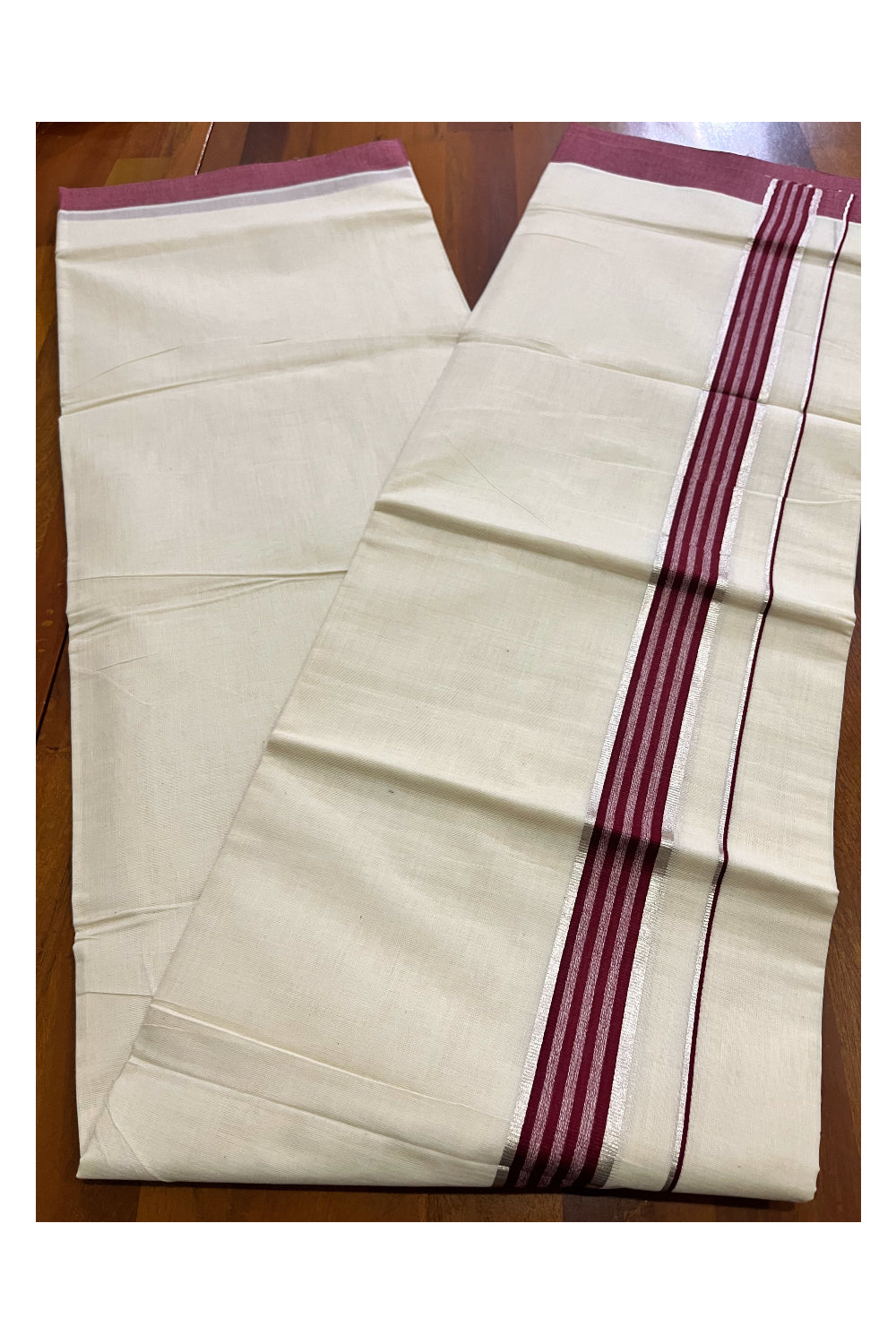 Kerala Pure Cotton Double Mundu with Silver Kasavu and Maroon Border (Vishu 2024 Collection)