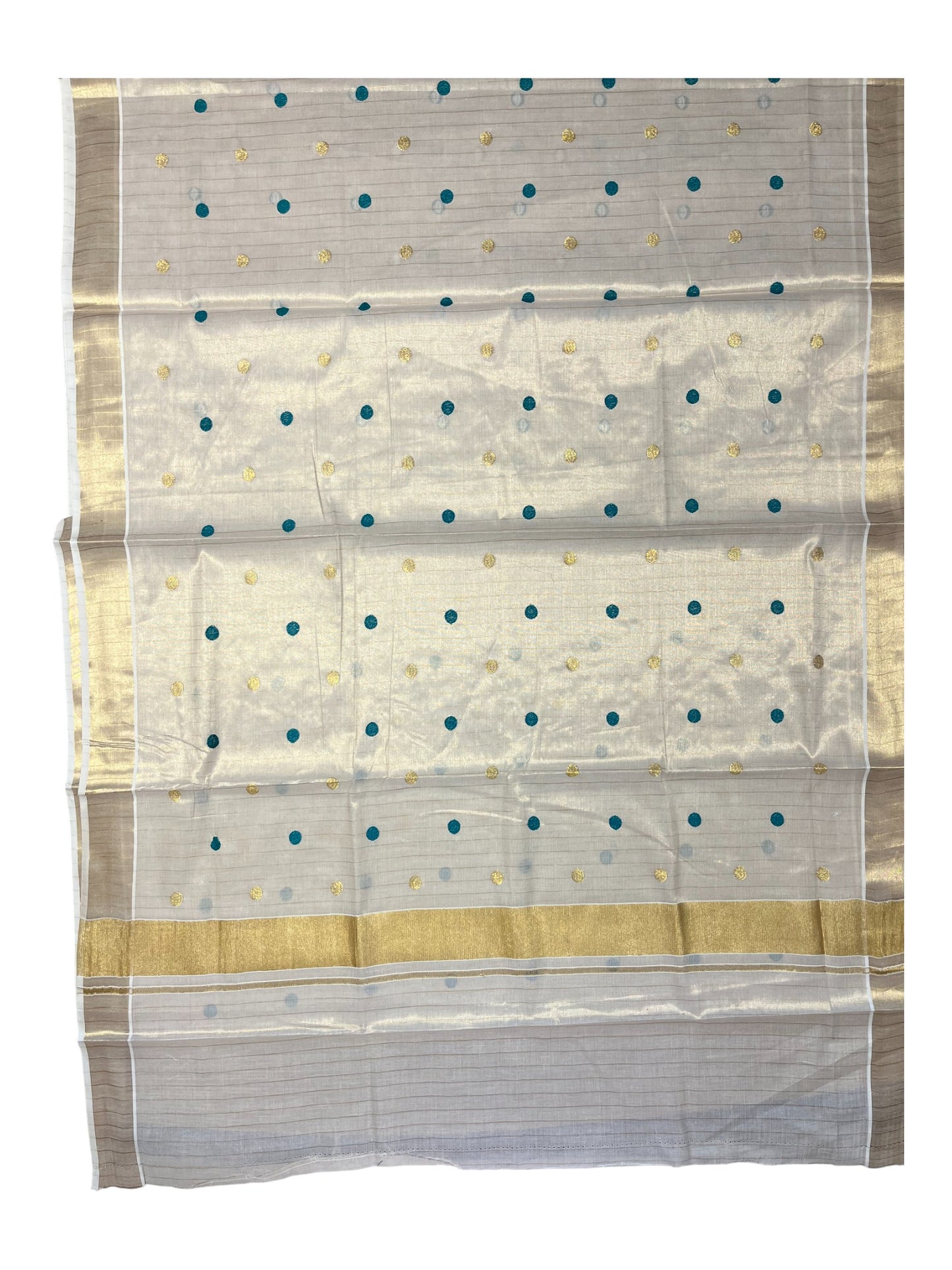 Southloom Kerala Tissue Kasavu Saree with Gold& Green Polka Embroidery Works on Body