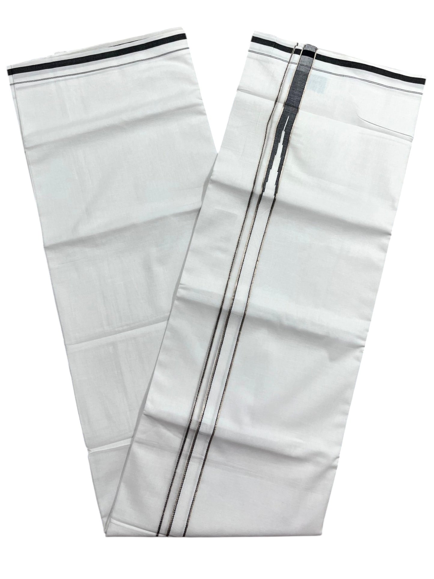 Southloom Pure White Cotton Double Mundu with Silver and Black Chutti Kara (South Indian Dhoti)