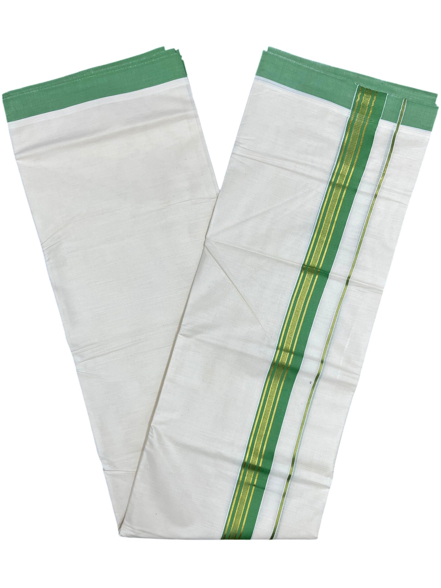 Southloom Pure Cotton Mundu with Green & Gold Kasavu Border (South Indian Kerala Dhoti)