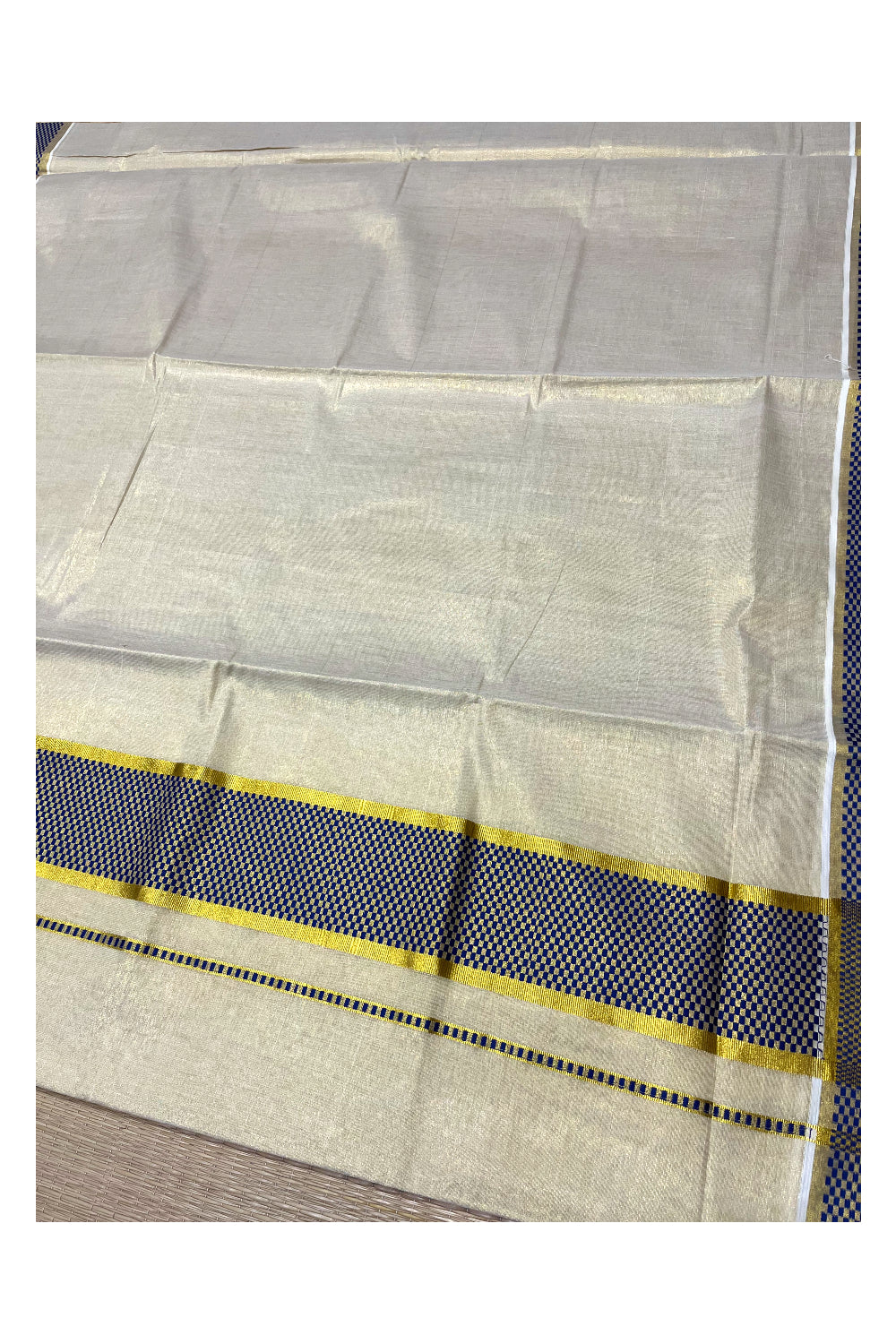 Kerala Kasavu Tissue Saree with Blue Paa Neythu Border