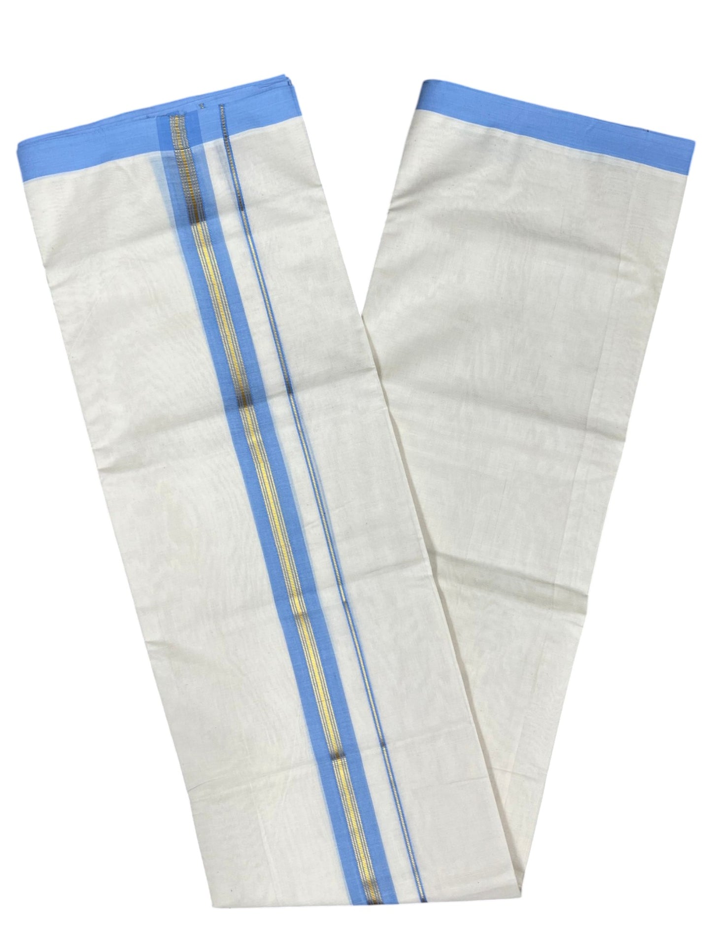 Southloom Pure Cotton Mundu with Gold Lines and Blue Border (South Indian Kerala Dhoti)