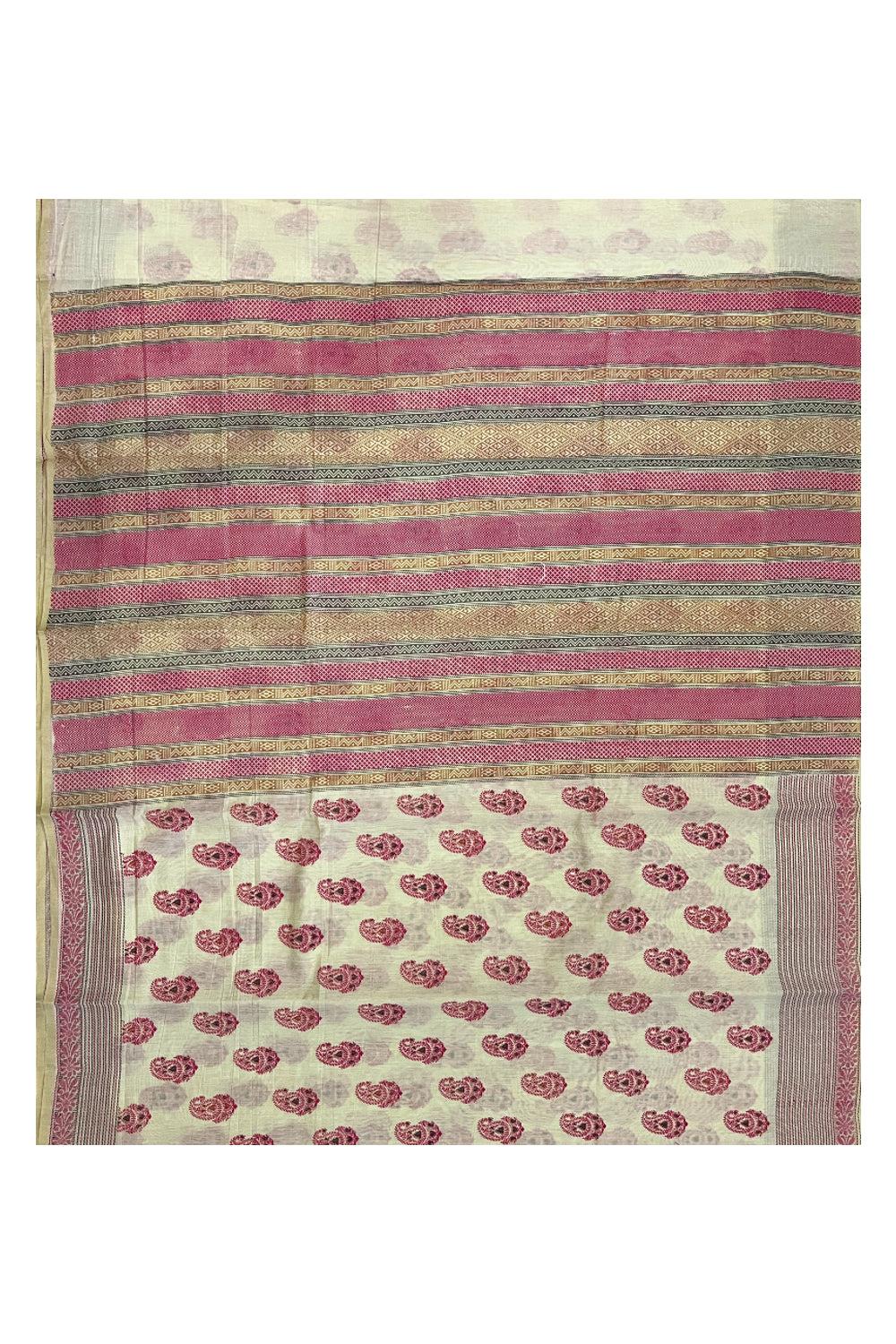 Southloom Cotton Light Brown Saree with Magenta Paisley Prints