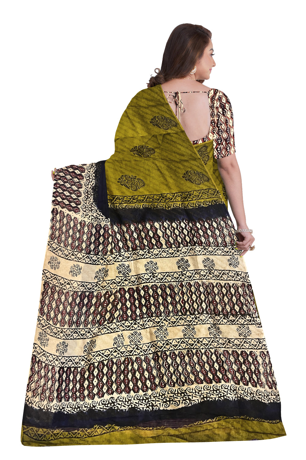 Southloom Olive Green Crepe Fabric Saree with Brown Printed Blouse Piece