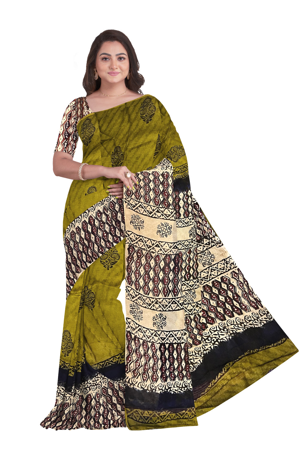 Southloom Olive Green Crepe Fabric Saree with Brown Printed Blouse Piece