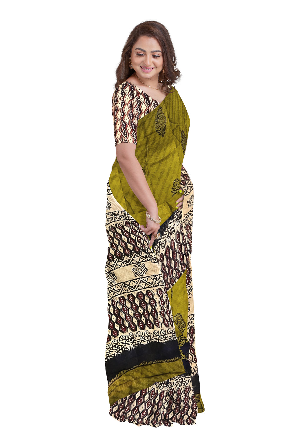 Southloom Olive Green Crepe Fabric Saree with Brown Printed Blouse Piece