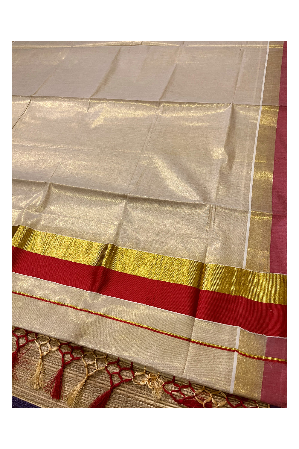 Kerala Tissue Kasavu Plain Saree with Kasavu and Red Border