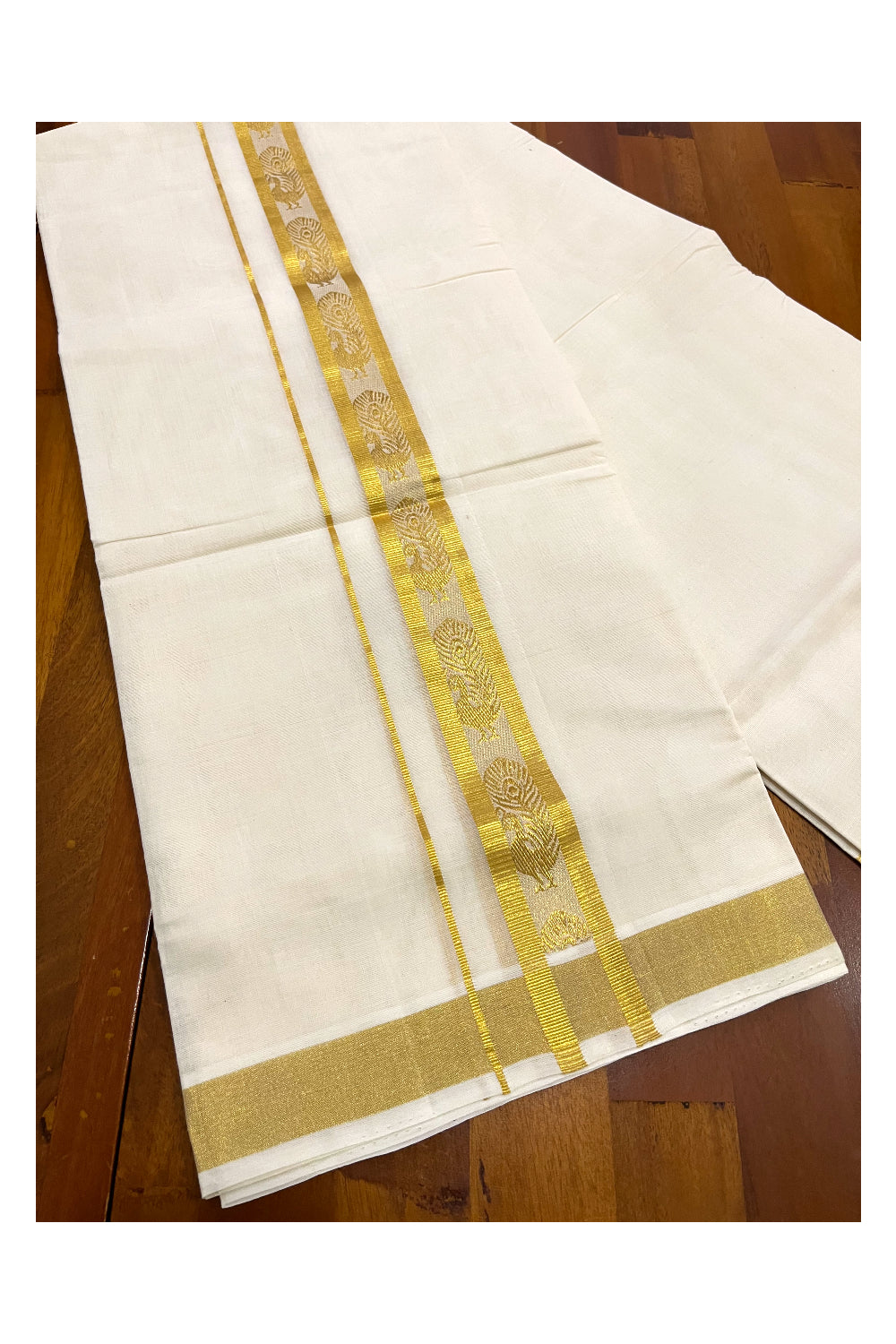 Southloom Premium Handloom Cotton Mundu with Kasavu Peacock Woven Border (Onam Mundu 2023)