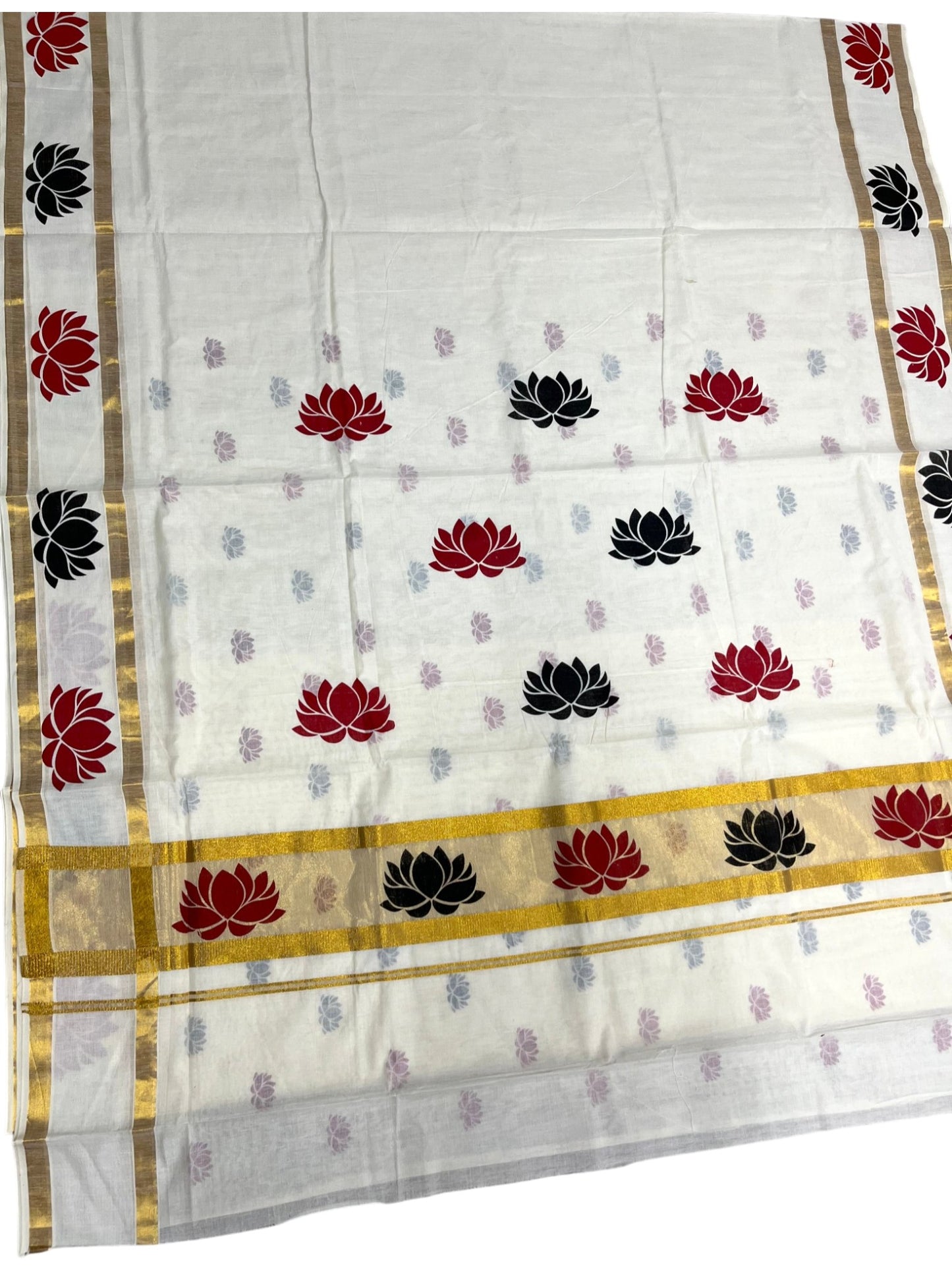 Southloom Cotton Kerala Kasavu Saree with Lotus Block Prints on Body and Border in Black and Maroon