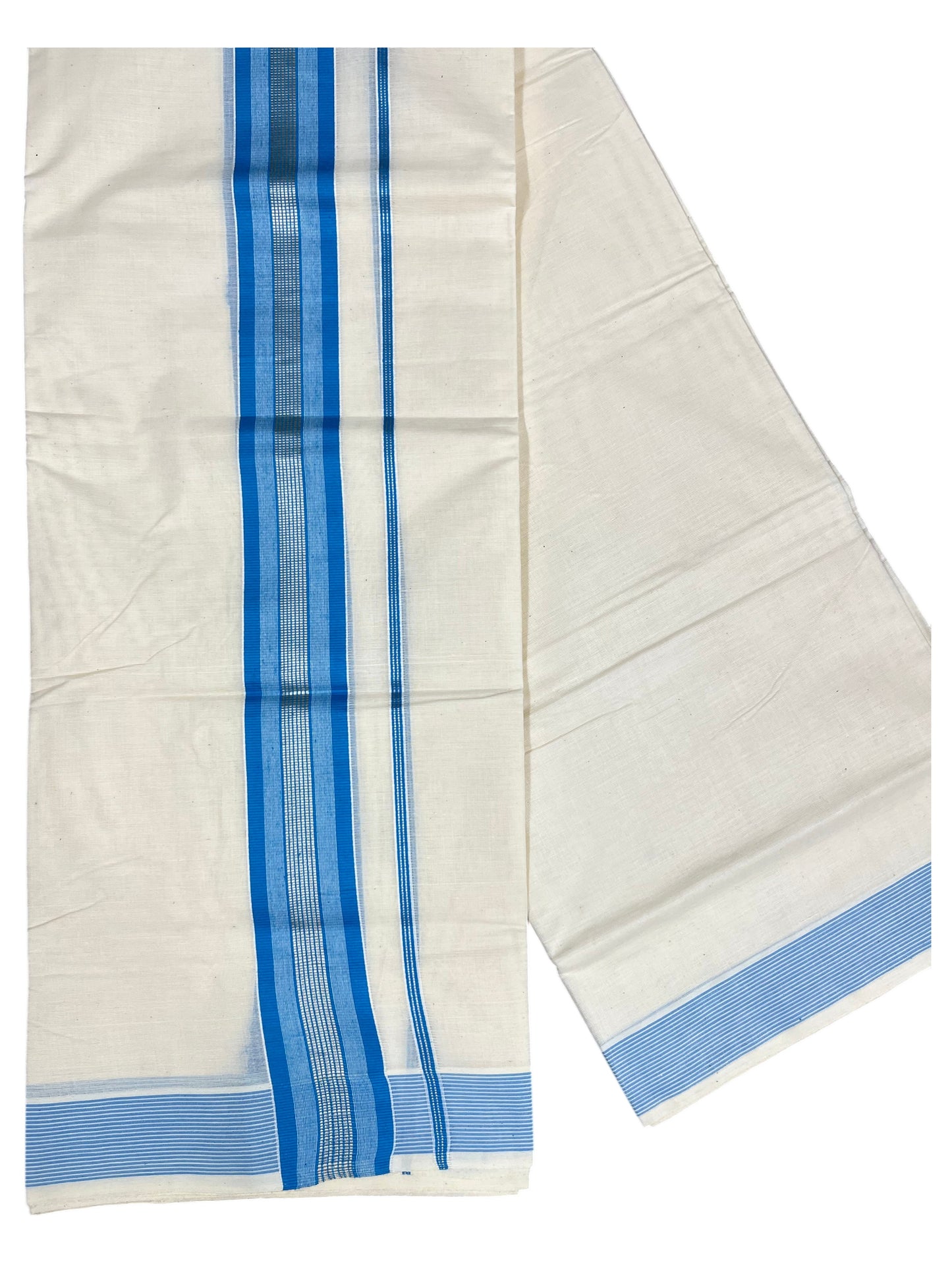 Southloom Pure Cotton Mundu with Silver Lines and Blue Border (South Indian Kerala Dhoti)