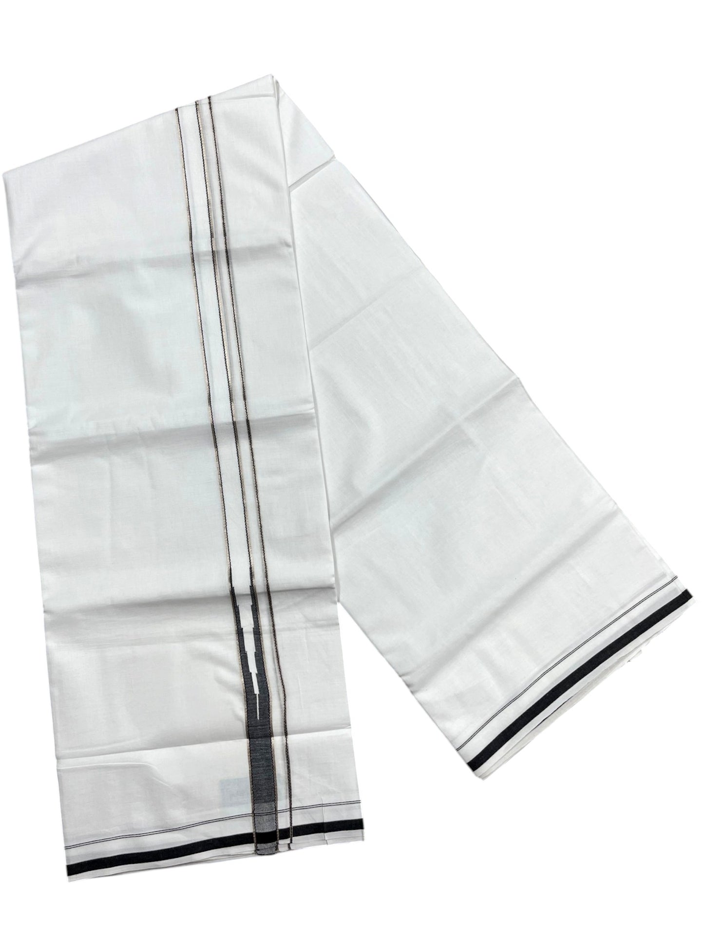 Southloom Pure White Cotton Double Mundu with Silver and Black Chutti Kara (South Indian Dhoti)