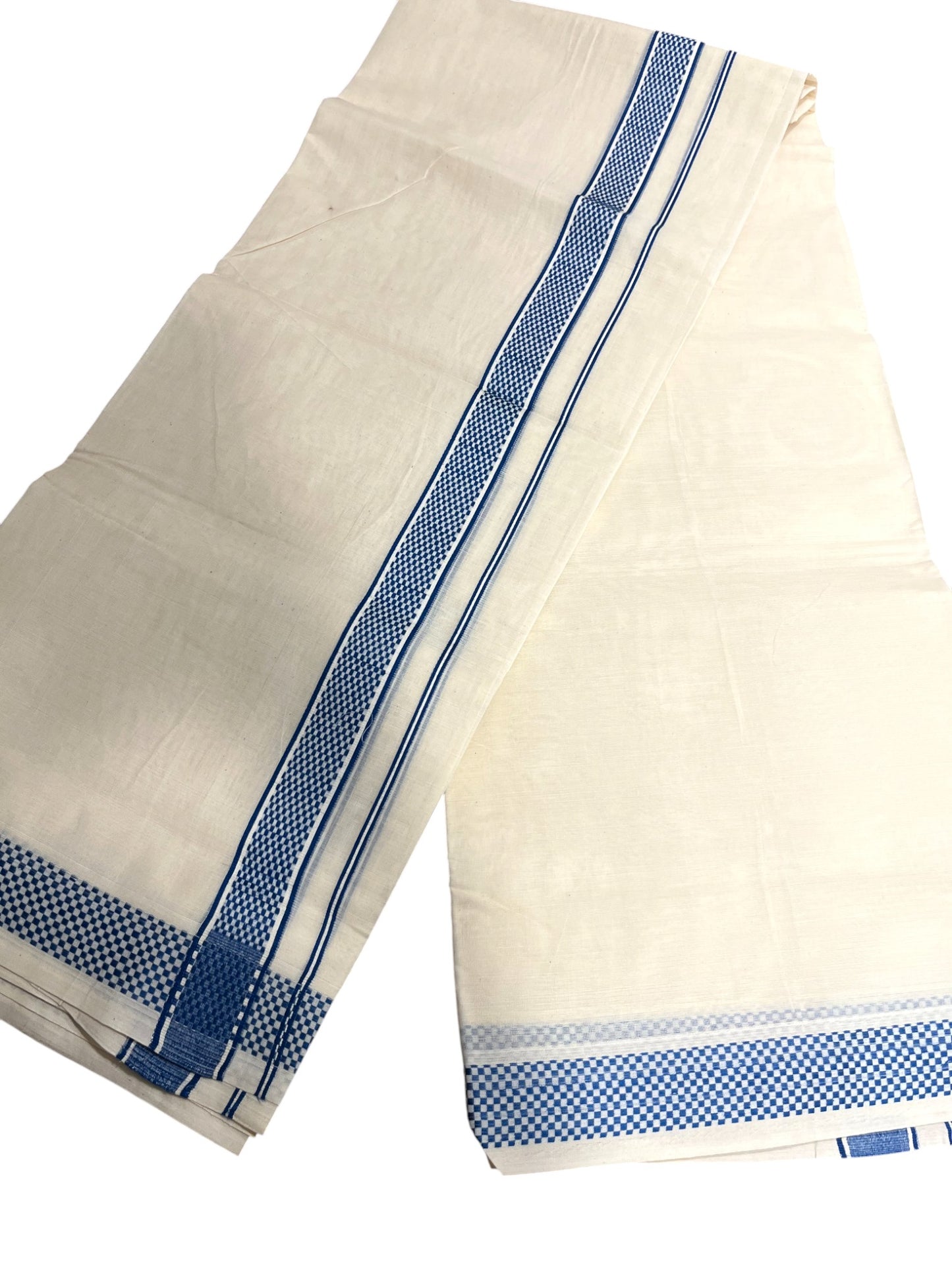 Southloom Kerala Pure Cotton Double Mundu with Blue Border (South Indian Dhoti)