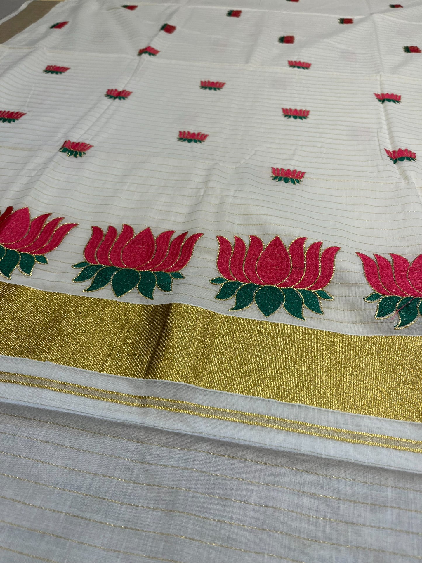 Southloom Kerala Cotton Kasavu Line Saree with Pink Lotus Embroidery Works