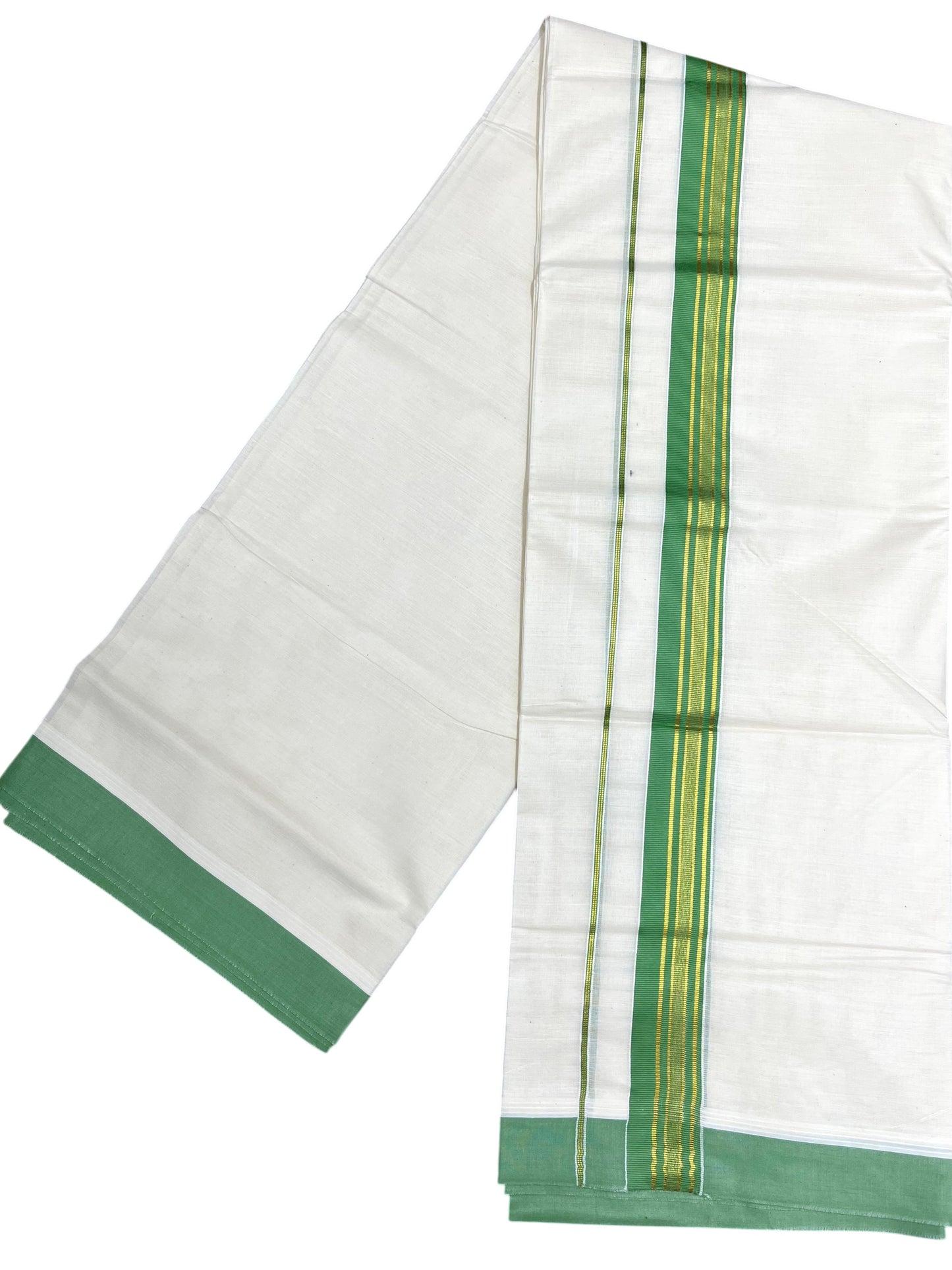 Southloom Pure Cotton Mundu with Green & Gold Kasavu Border (South Indian Kerala Dhoti)