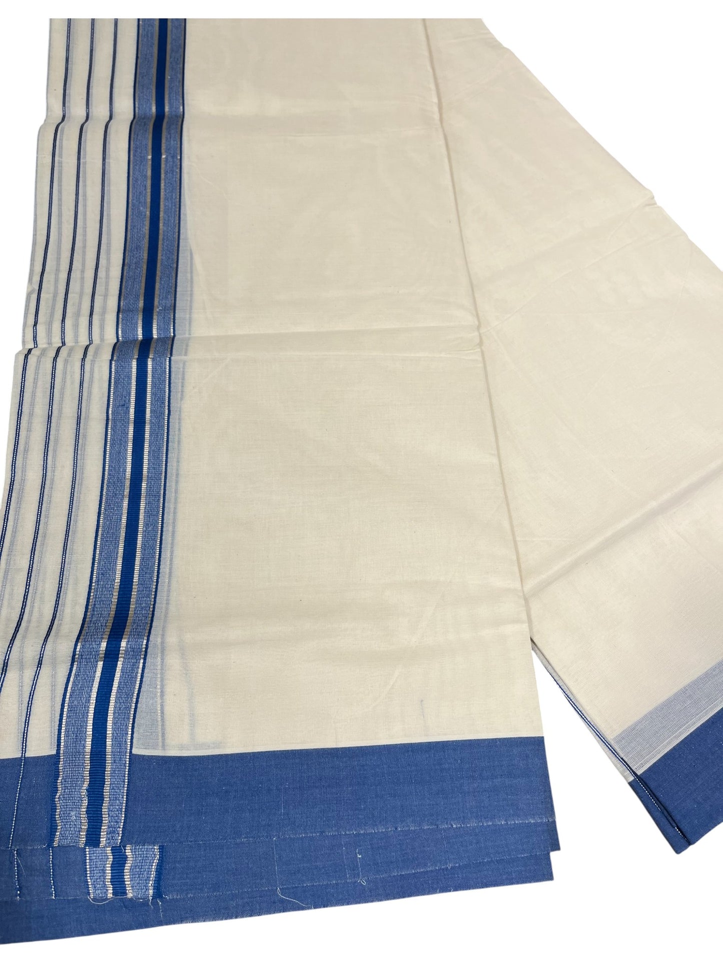 Southloom Kerala Pure Cotton Double Mundu with Blue And Silver Lines Border (South Indian Dhoti)