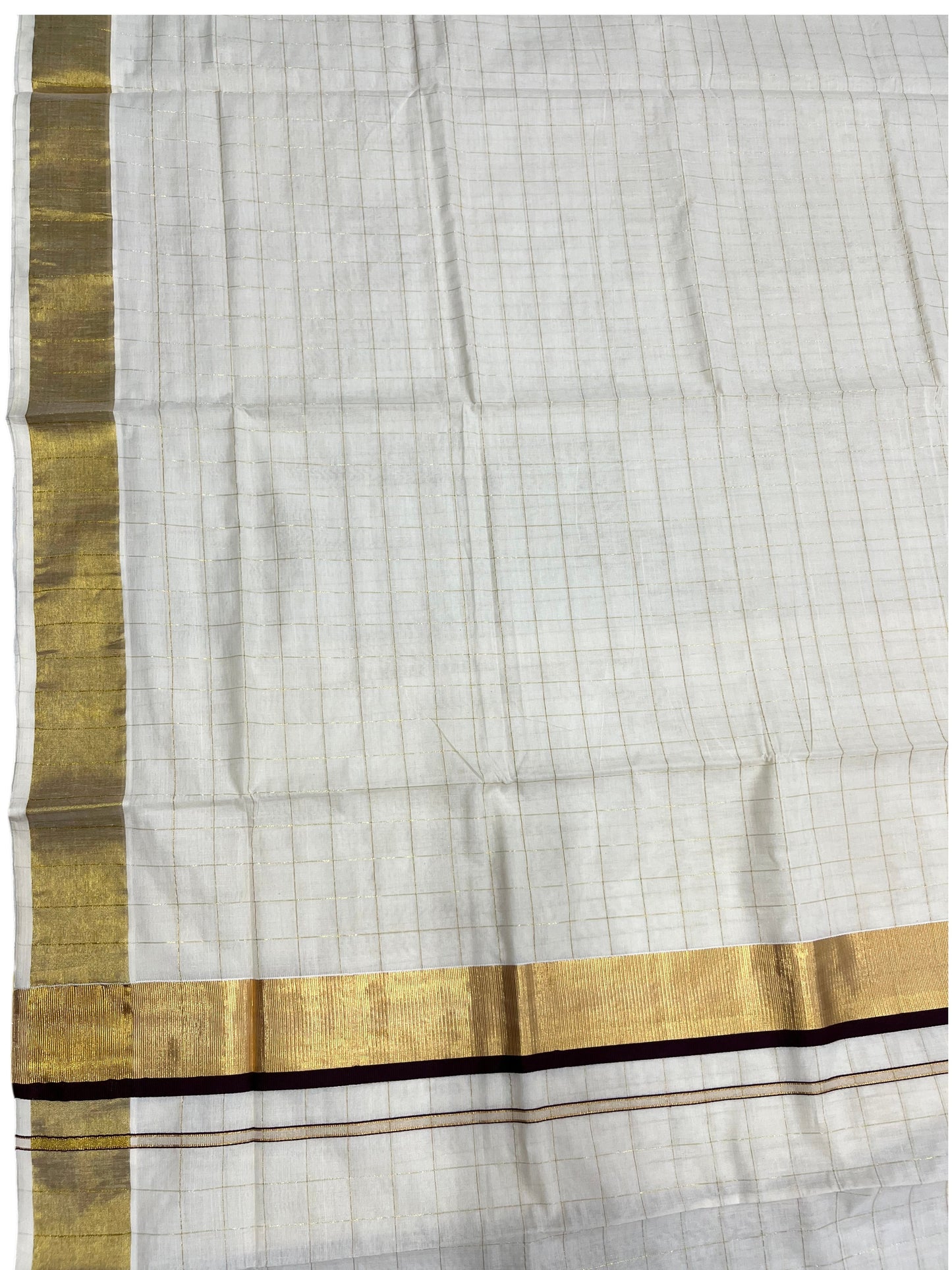 Southloom Pure Cotton  Kerala  Kasavu Woven Check Saree with Brown  Border