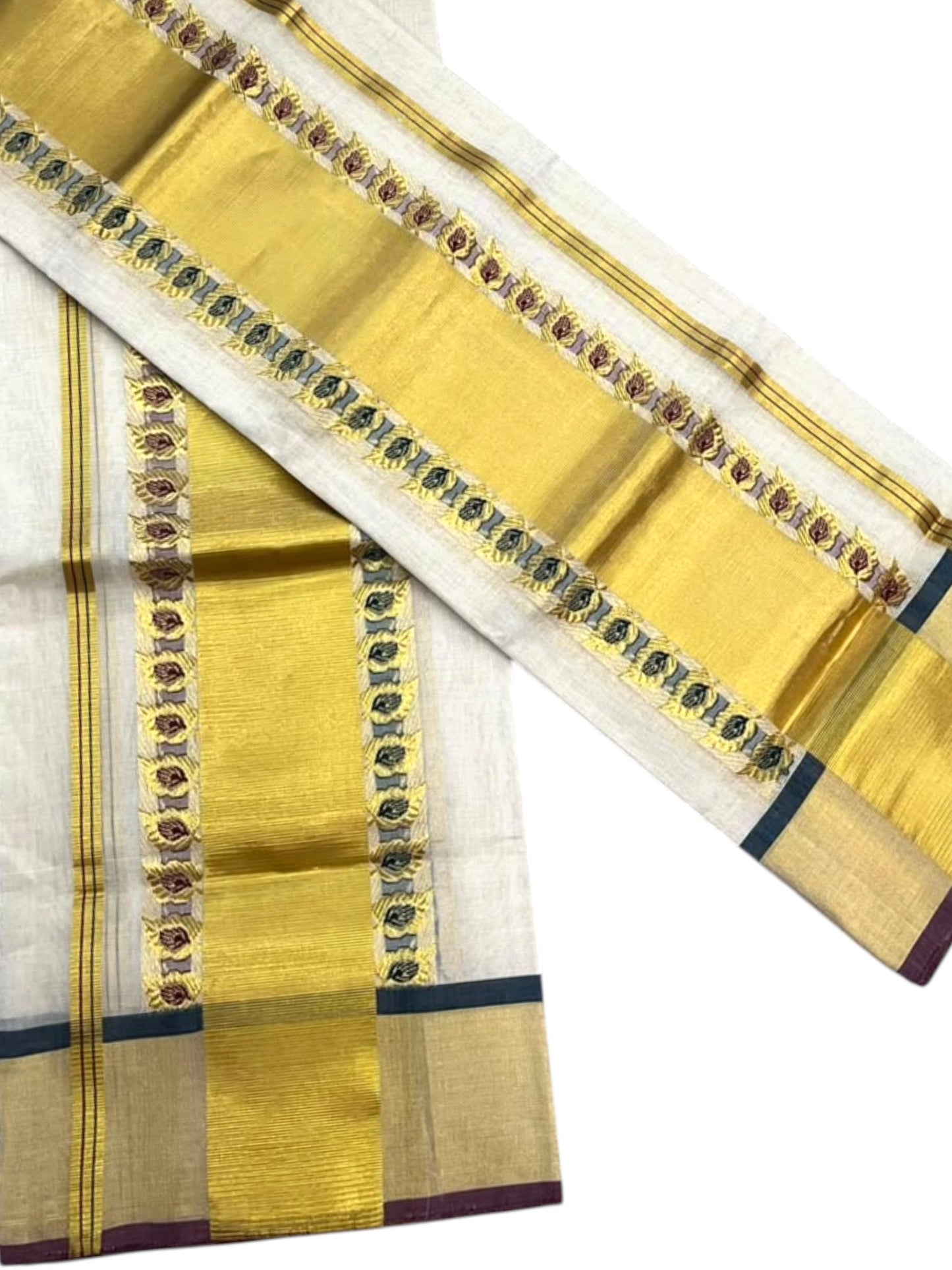 Southloom Premium Tissue Handloom Set Mundu with Green & Maroon Leaf Woven Desgin And Gold Kasavu Border (2.80 Mtr) SL632