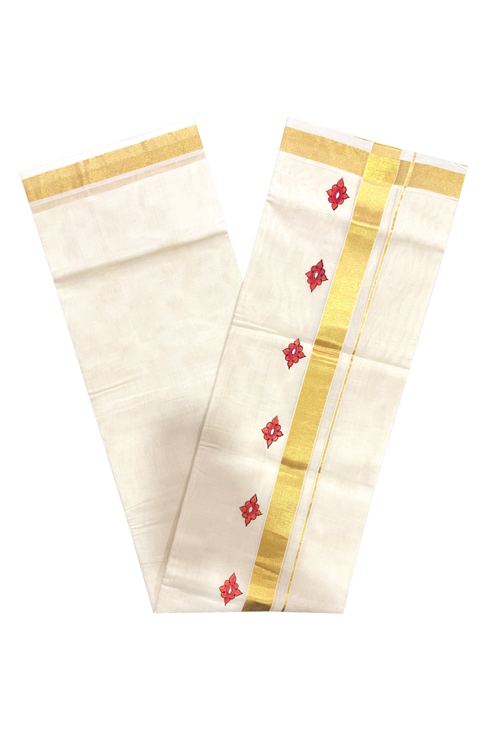 Southloom Premium Handloom Pure Cotton Kasavu Mundu with Hand Painted Designs on Border (South Indian Kerala Dhoti)