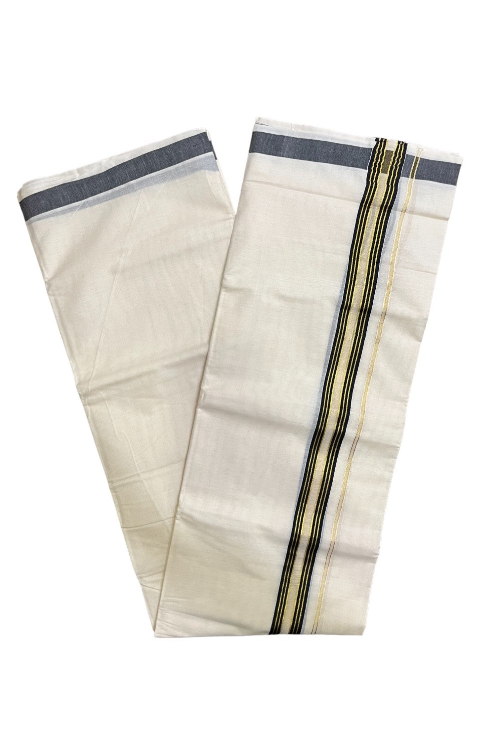 Kerala Pure Cotton Double Mundu with Black and Kasavu Lines Border (South Indian Kerala Dhoti)