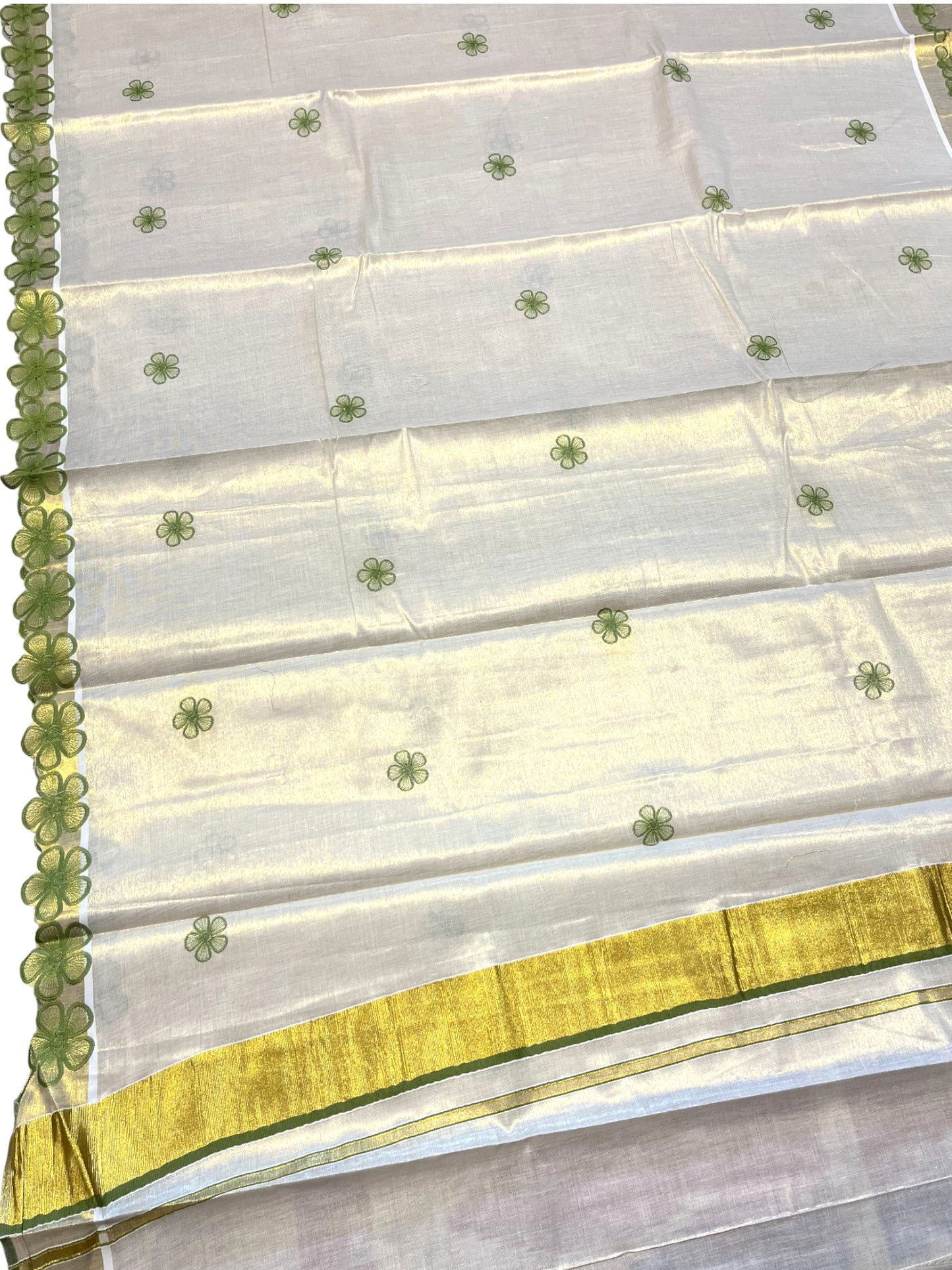 Southloom Kerala Tissue Kasavu Saree with Olive Green Floral Embroidery on Body and Border