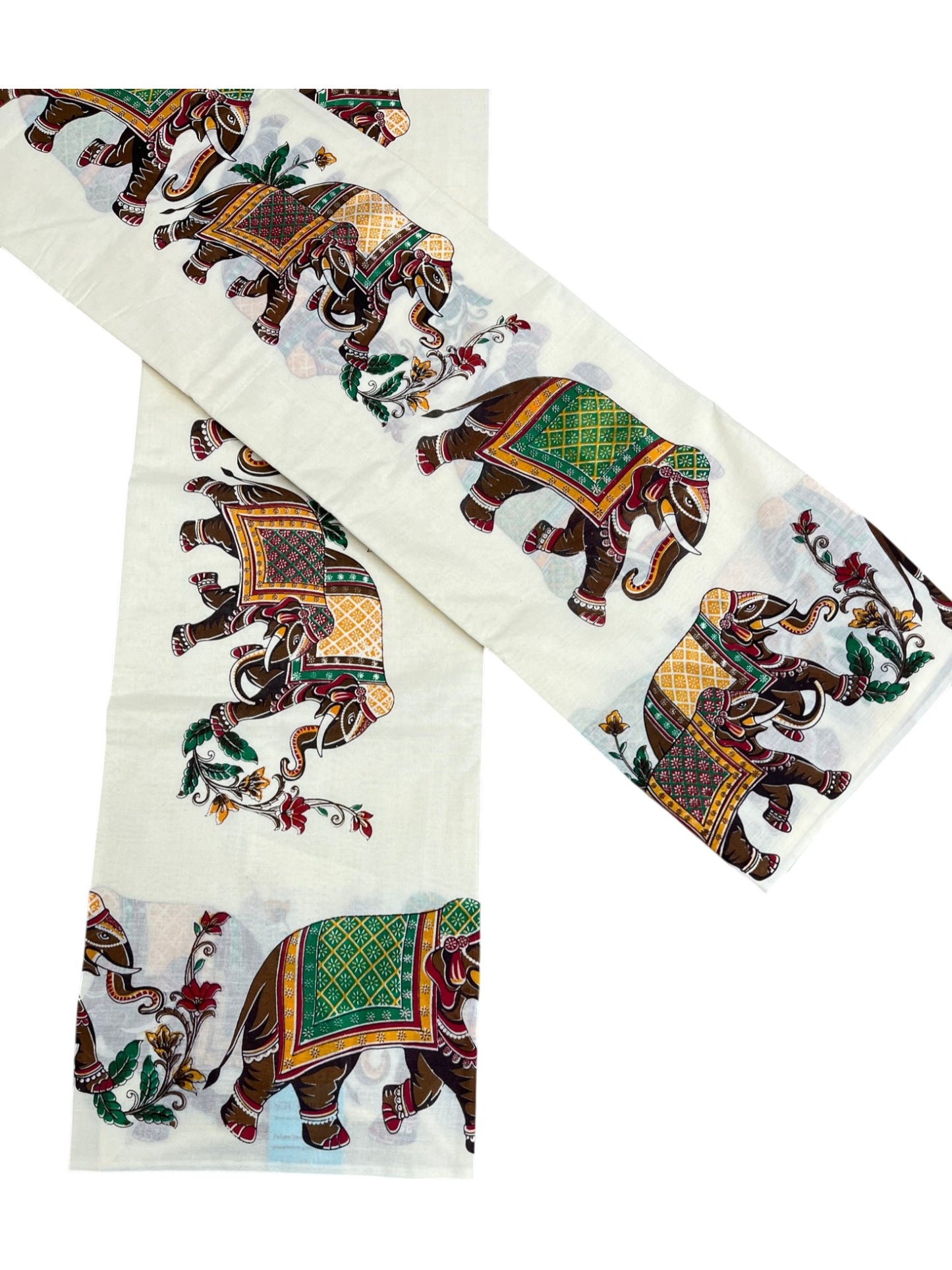 Southloom Cotton Single Set Mundu (Mundu Neriyathum) With Elephant Digital Floral Print in 2.80 Mtrs