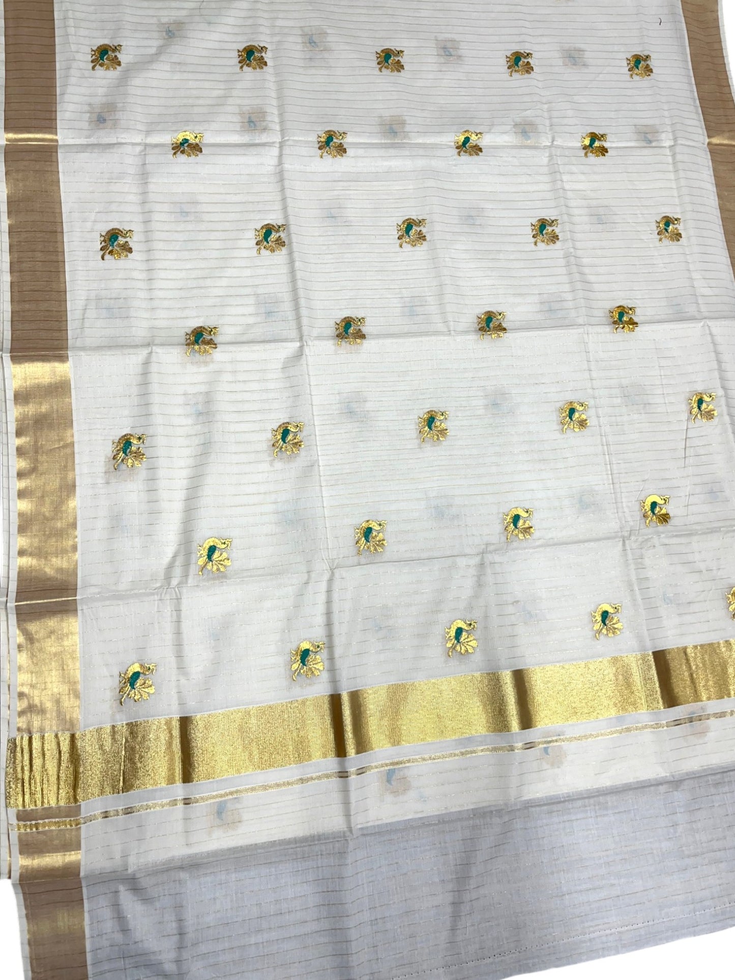Southloom Cotton Kerala Kasavu Lines Saree with Peacock Embroidery Work on Body in Peacock Green