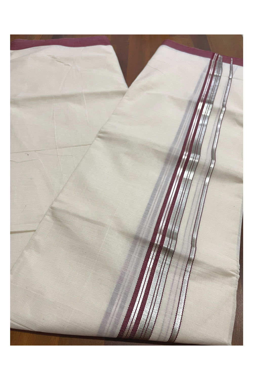 Pure Cotton 100x100 Double Mundu with Silver Kasavu and Maroon Border (Onam Mundu 2023)