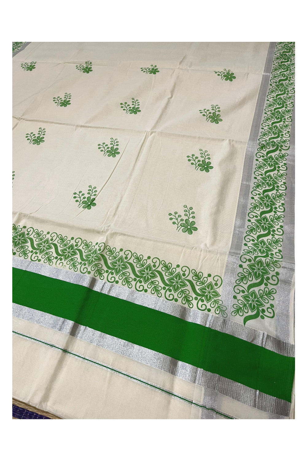 Pure Cotton Off White Kerala Saree with Light Green Floral Block Printed Silver Border (Onam Saree 2023)