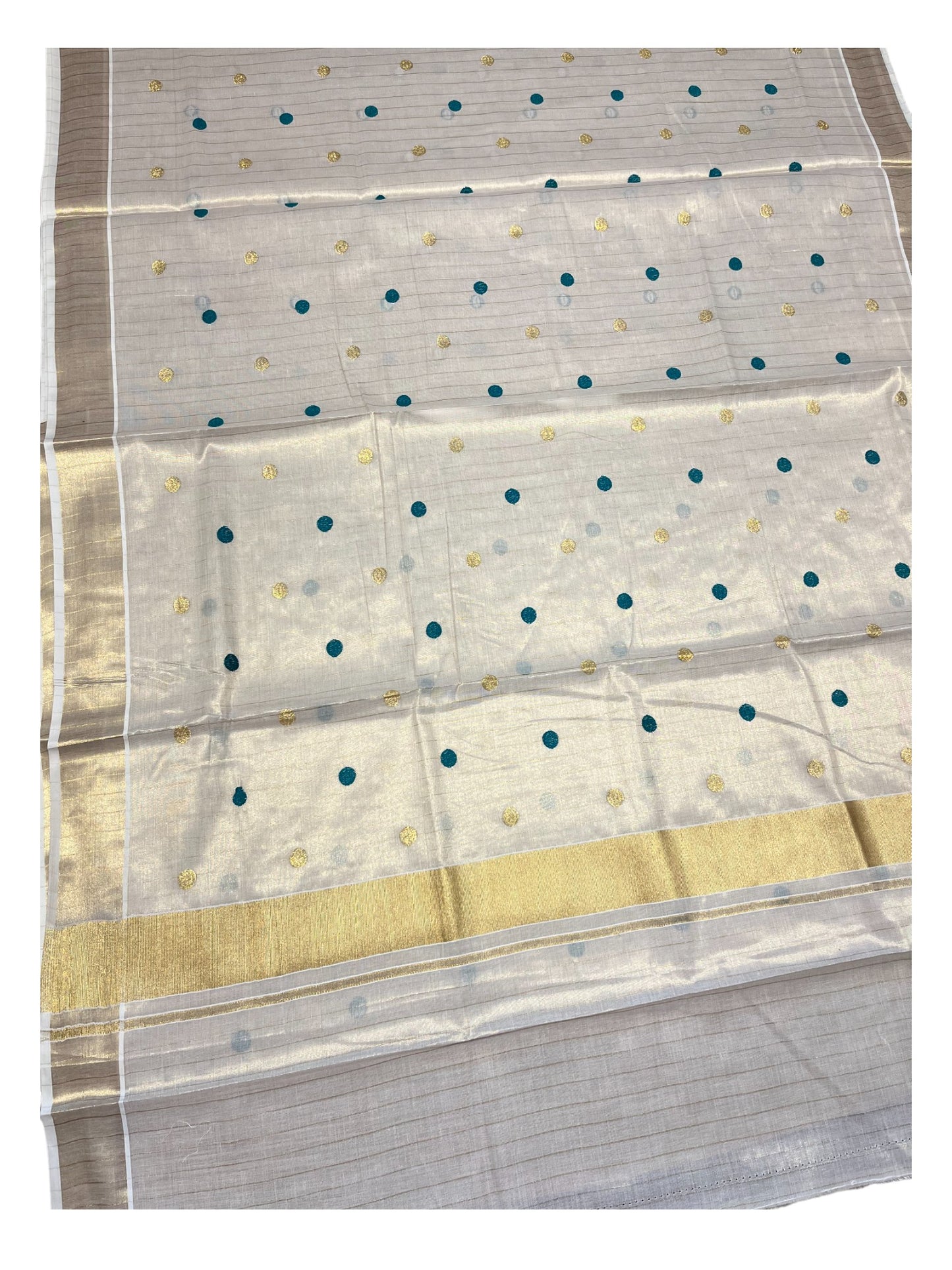 Southloom Kerala Tissue Kasavu Saree with Gold& Green Polka Embroidery Works on Body