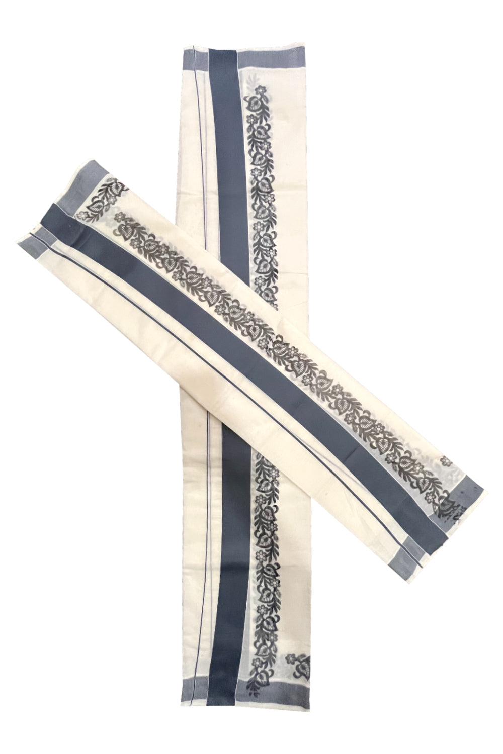 Kerala Pure Cotton Set Mundu Single (Mundum Neriyathum) with Grey Floral Block Prints