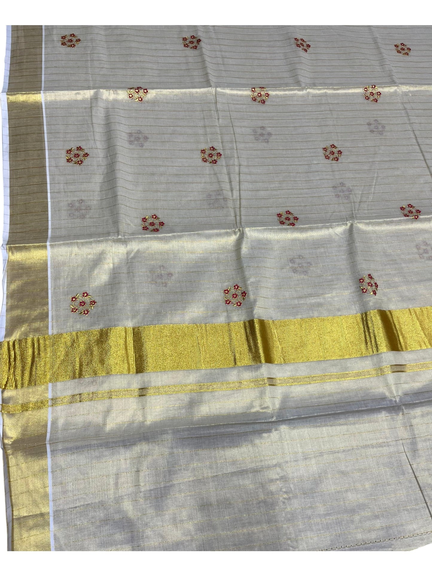 Southloom Kerala Tissue Kasavu Lines Saree with Pink Floral Embroidery Design on Body